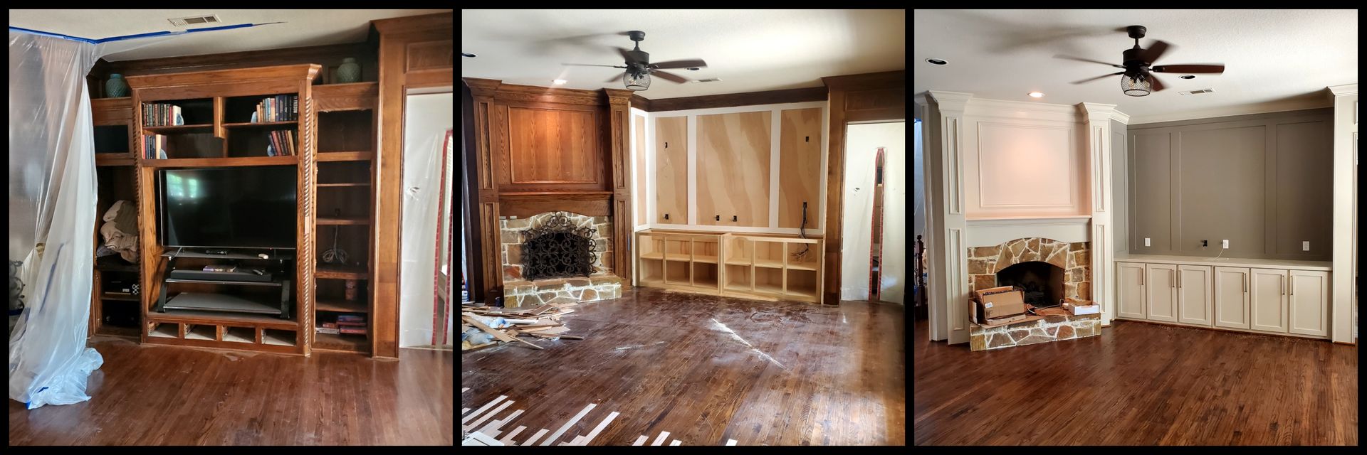 Three photos showing a room undergoing renovation. Includes built-in cabinets, a fireplace, and hardwood floors.
