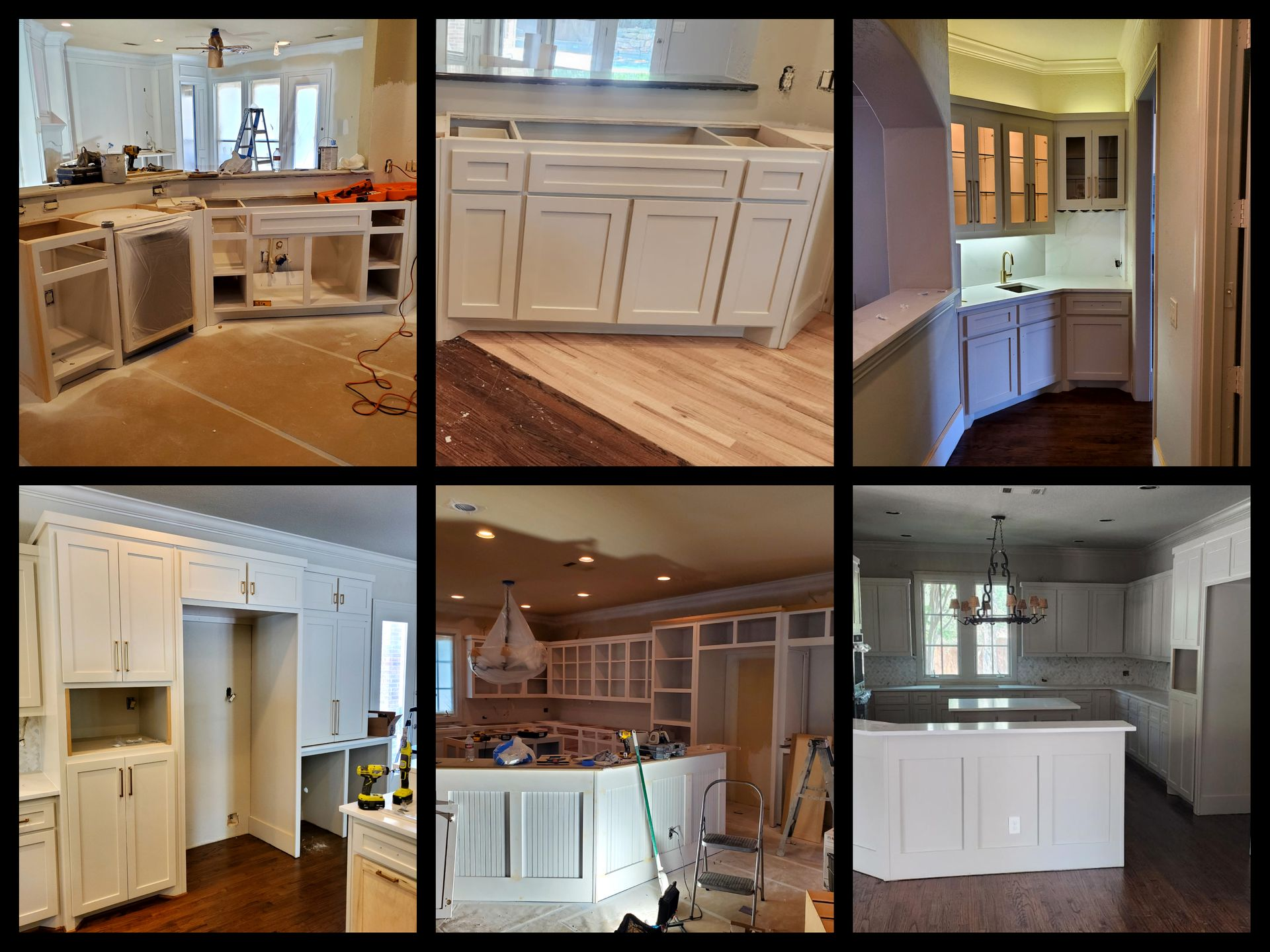 Kitchen cabinets in various stages of installation; white painted wood, in different sections of a house.