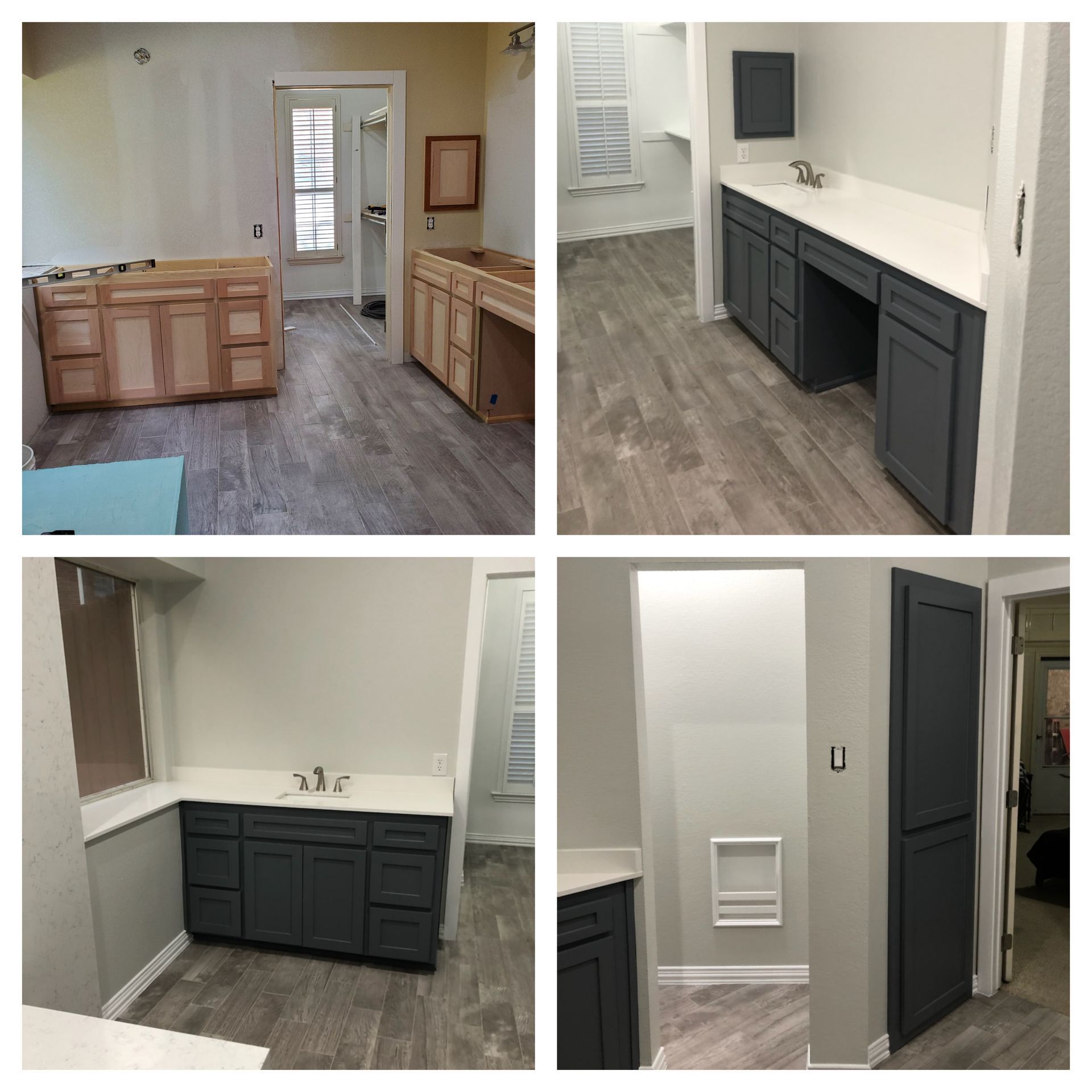 Four photos of a bathroom renovation: cabinets before and after painting dark gray; light countertop.