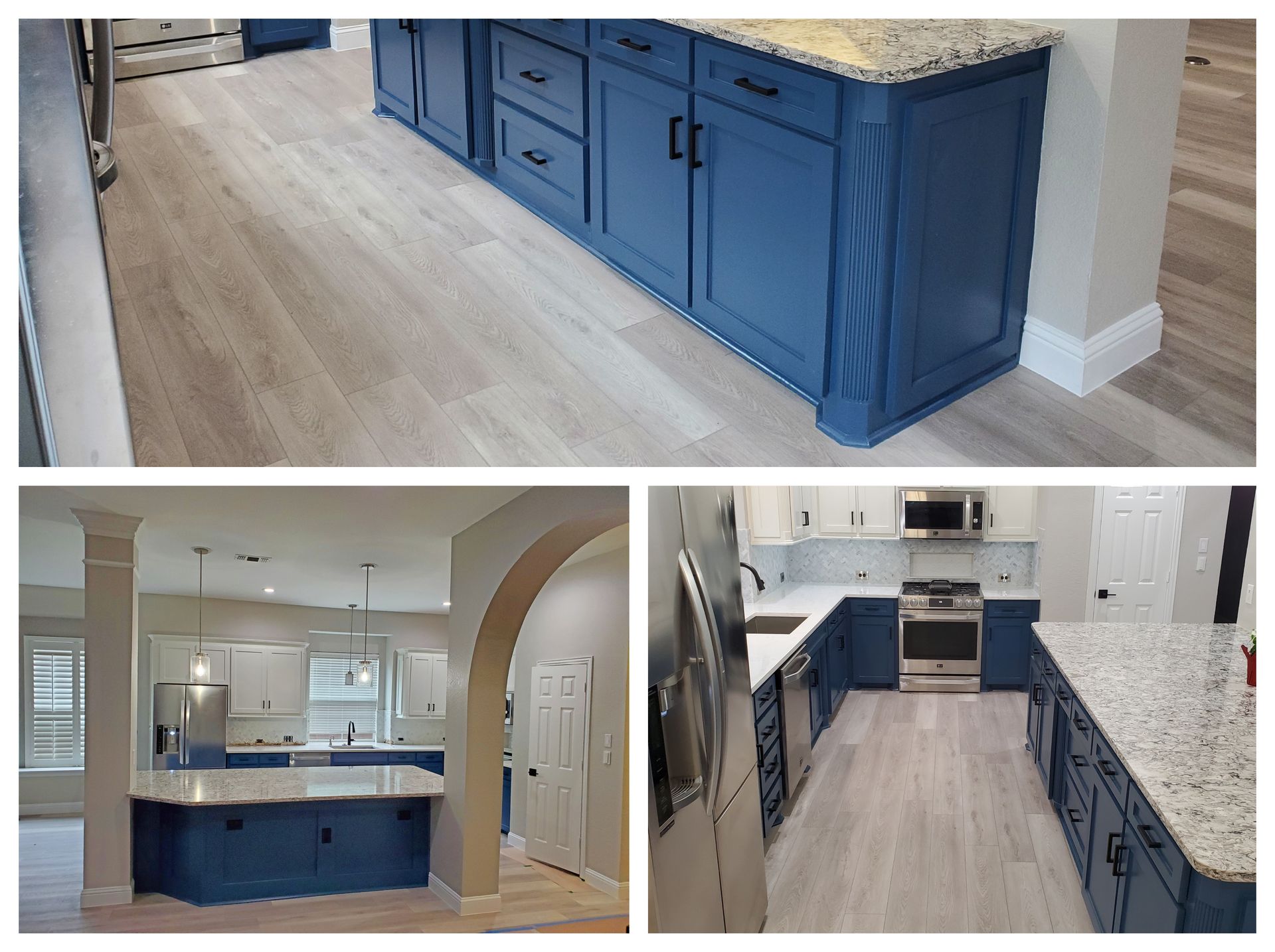 Blue kitchen cabinets with granite countertops, hardwood floors, and white walls.