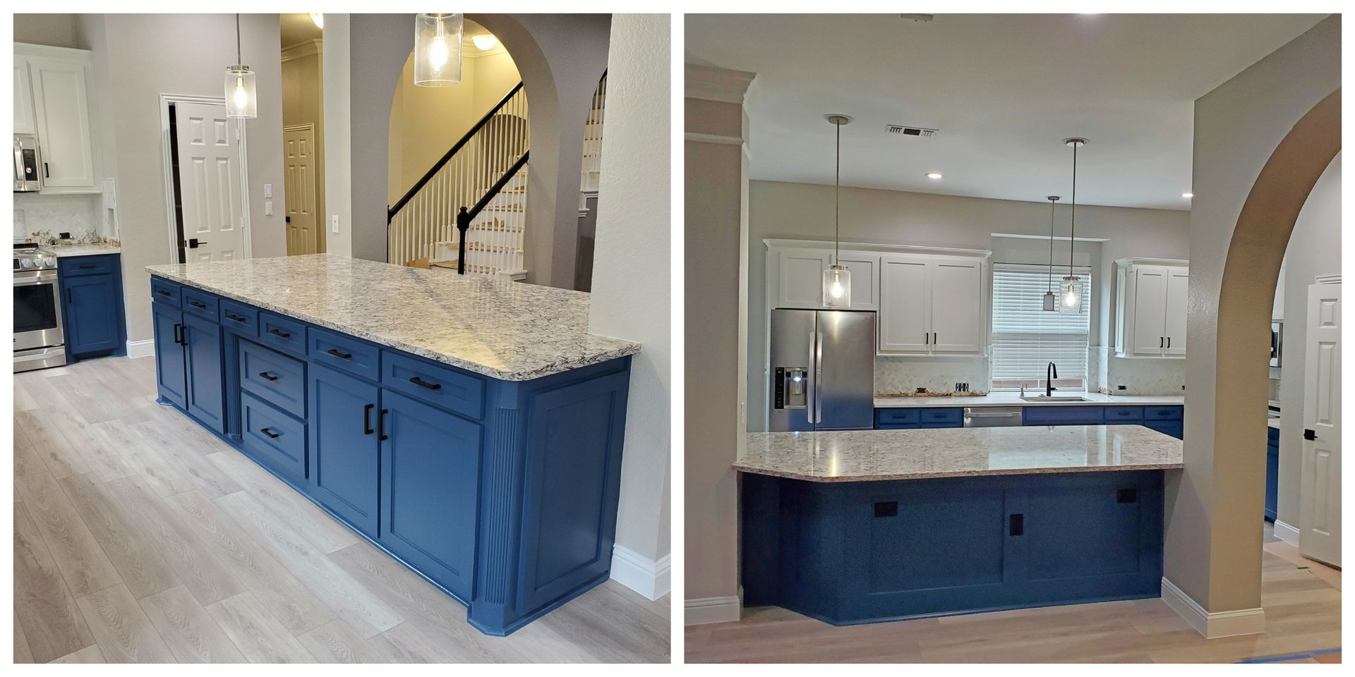 Two kitchen views: Blue island with granite countertop. White cabinets and neutral walls.