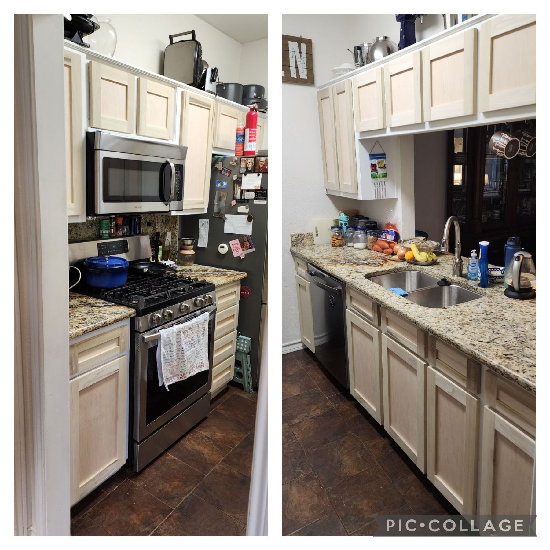 Kitchen with beige cabinets, stainless steel appliances, and granite countertops.