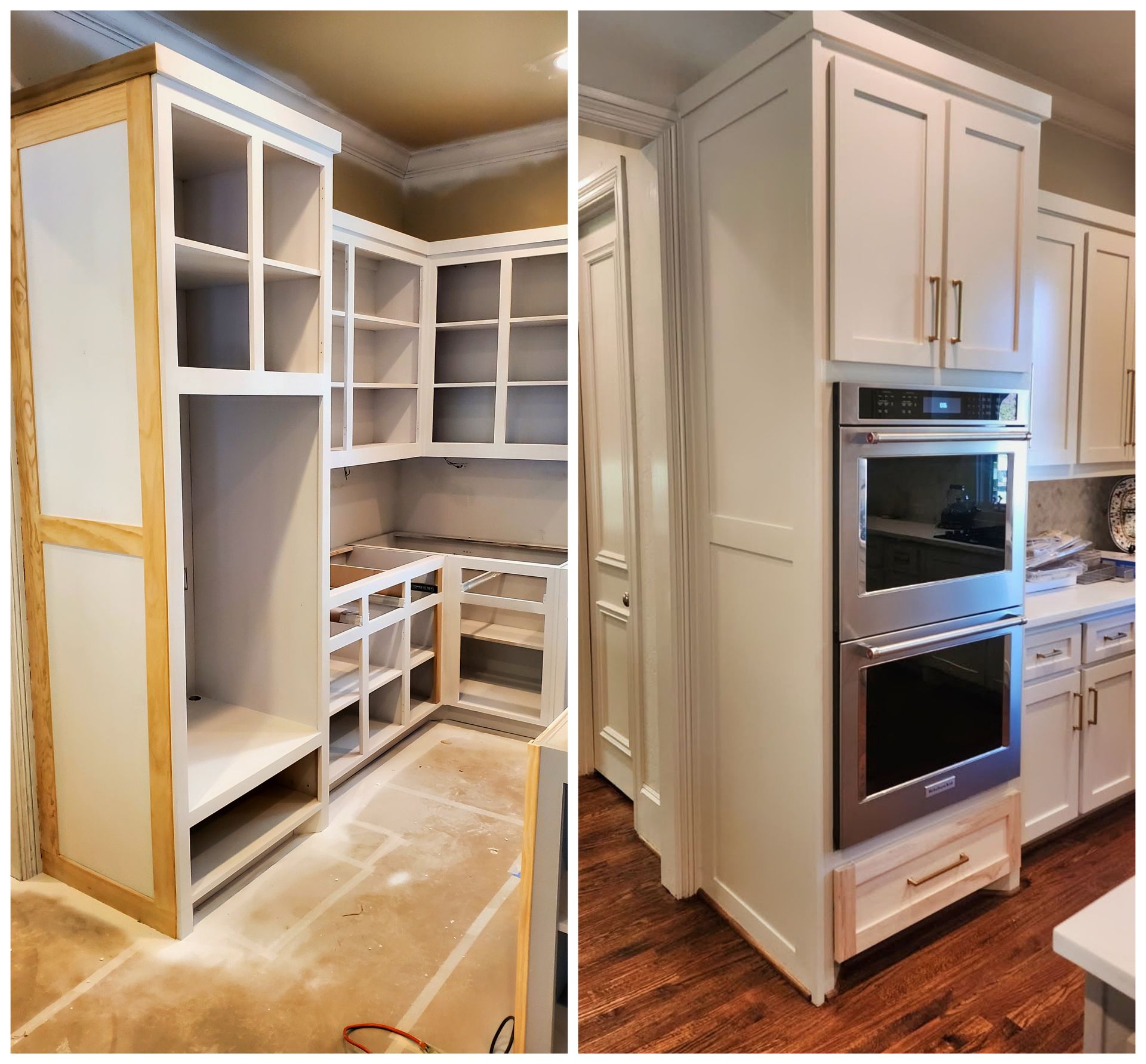 Custom built-in oven cabinet with shaker doors in North Texas kitchen
