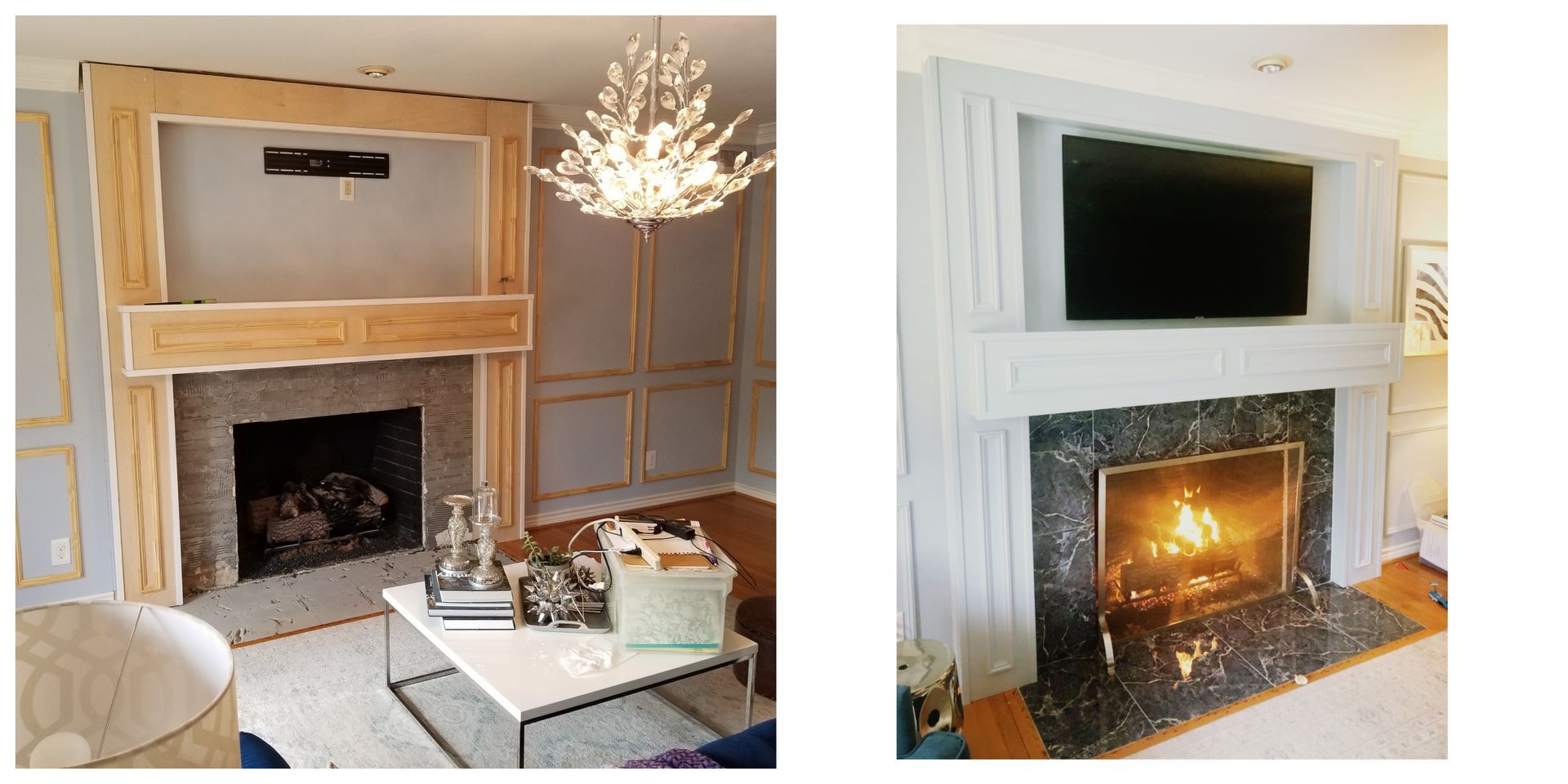 Two photos: a fireplace under construction and a finished fireplace with a lit fire and TV above.