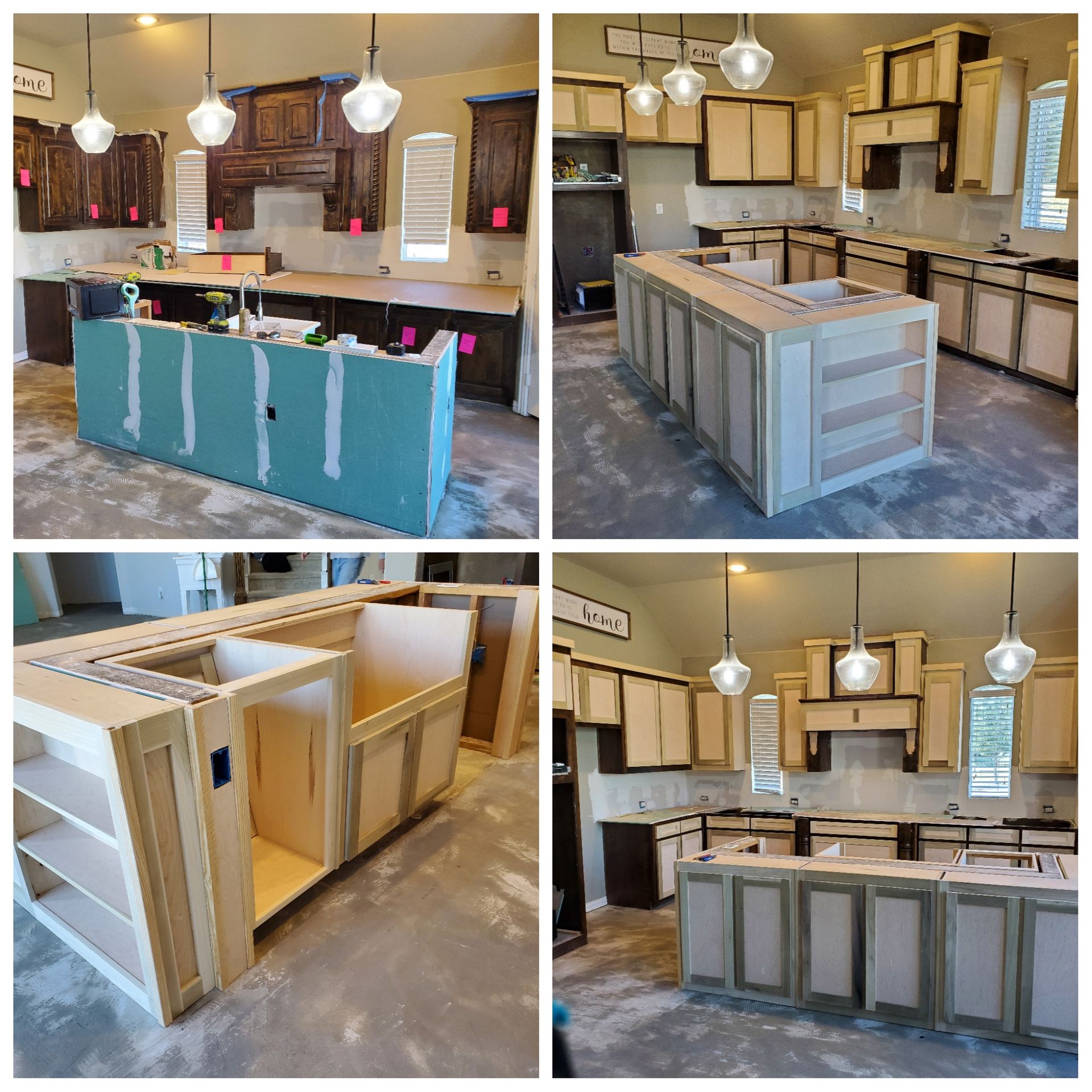 Kitchen remodel in progress: unfinished cabinets and island; walls are painted, and lights hang from the ceiling.