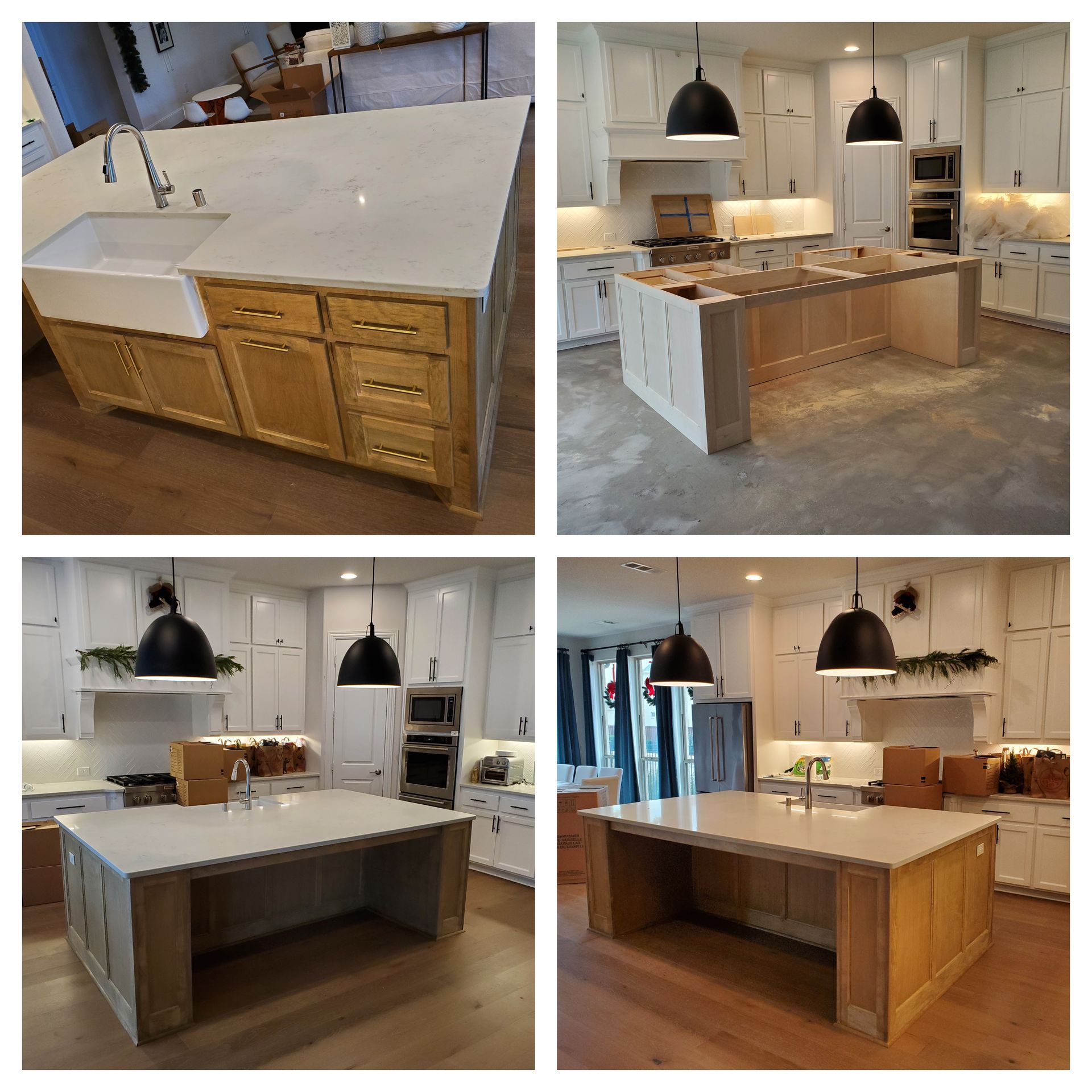 Four views of a kitchen island with white countertop, cabinets, and black pendant lights.