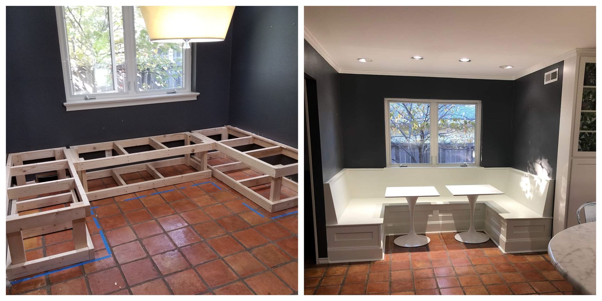 Before and after: a built-in bench around a window, showing the wooden frame and the finished white bench with tables.