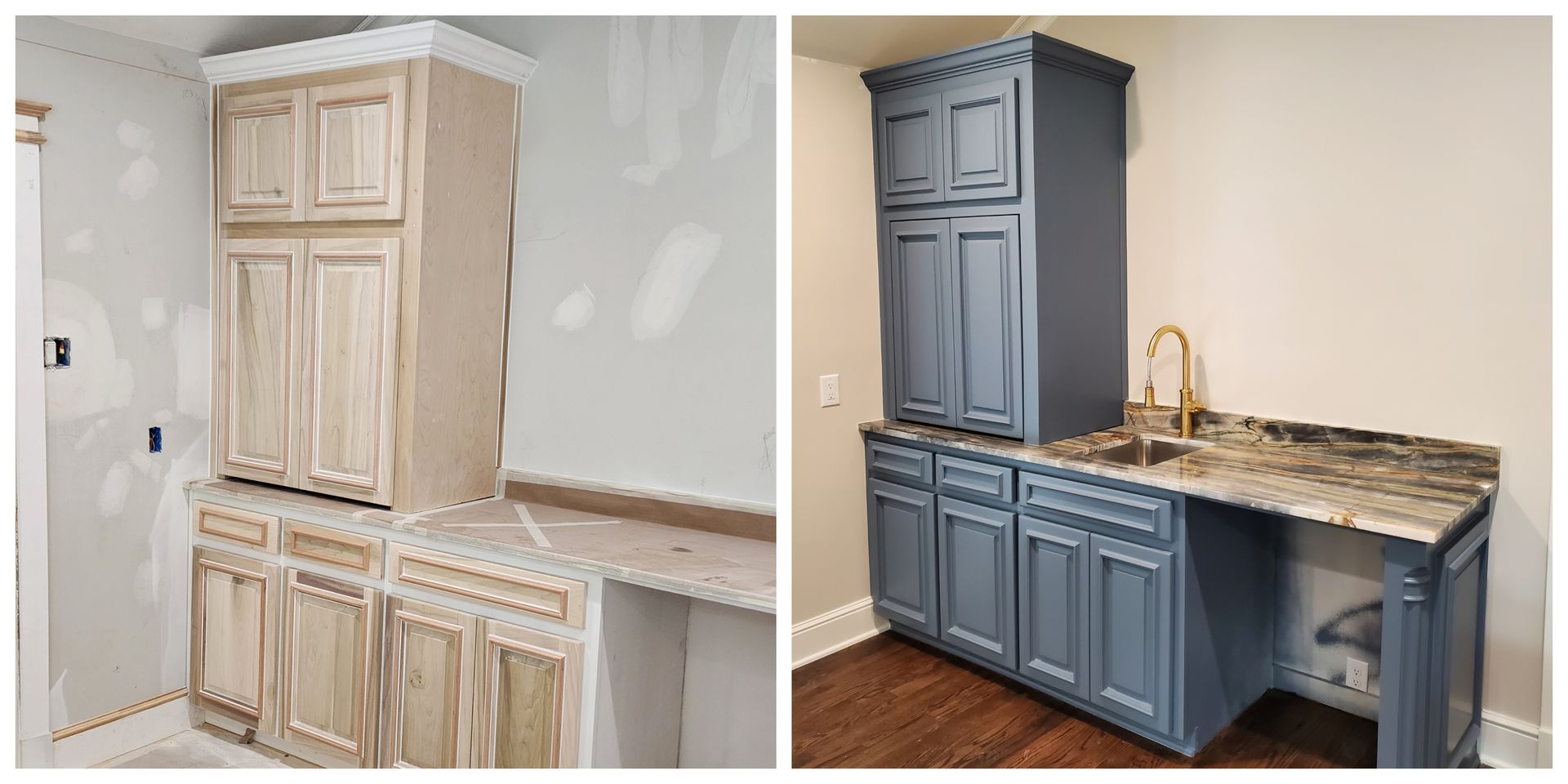Before and after of a cabinet set, painted from light beige to blue with a new countertop and sink.