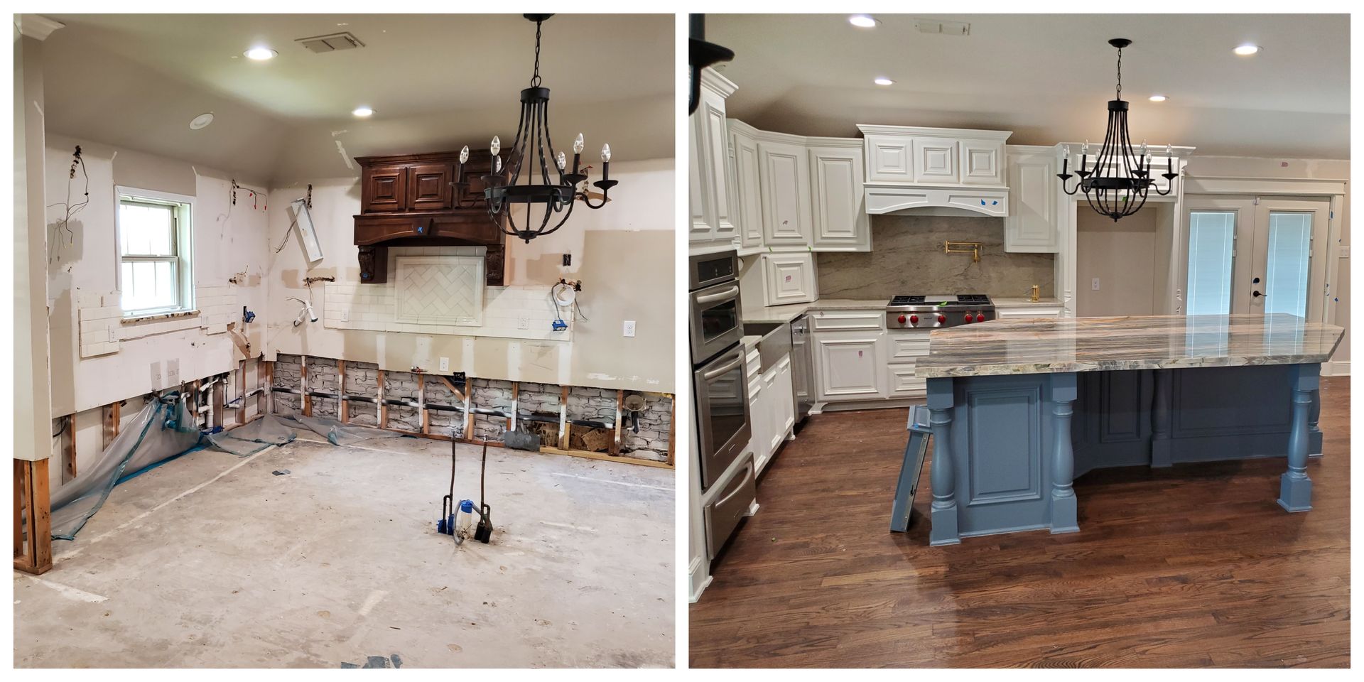 Before and after of a kitchen renovation. Torn-out walls in the first photo, new cabinets and island in the second.