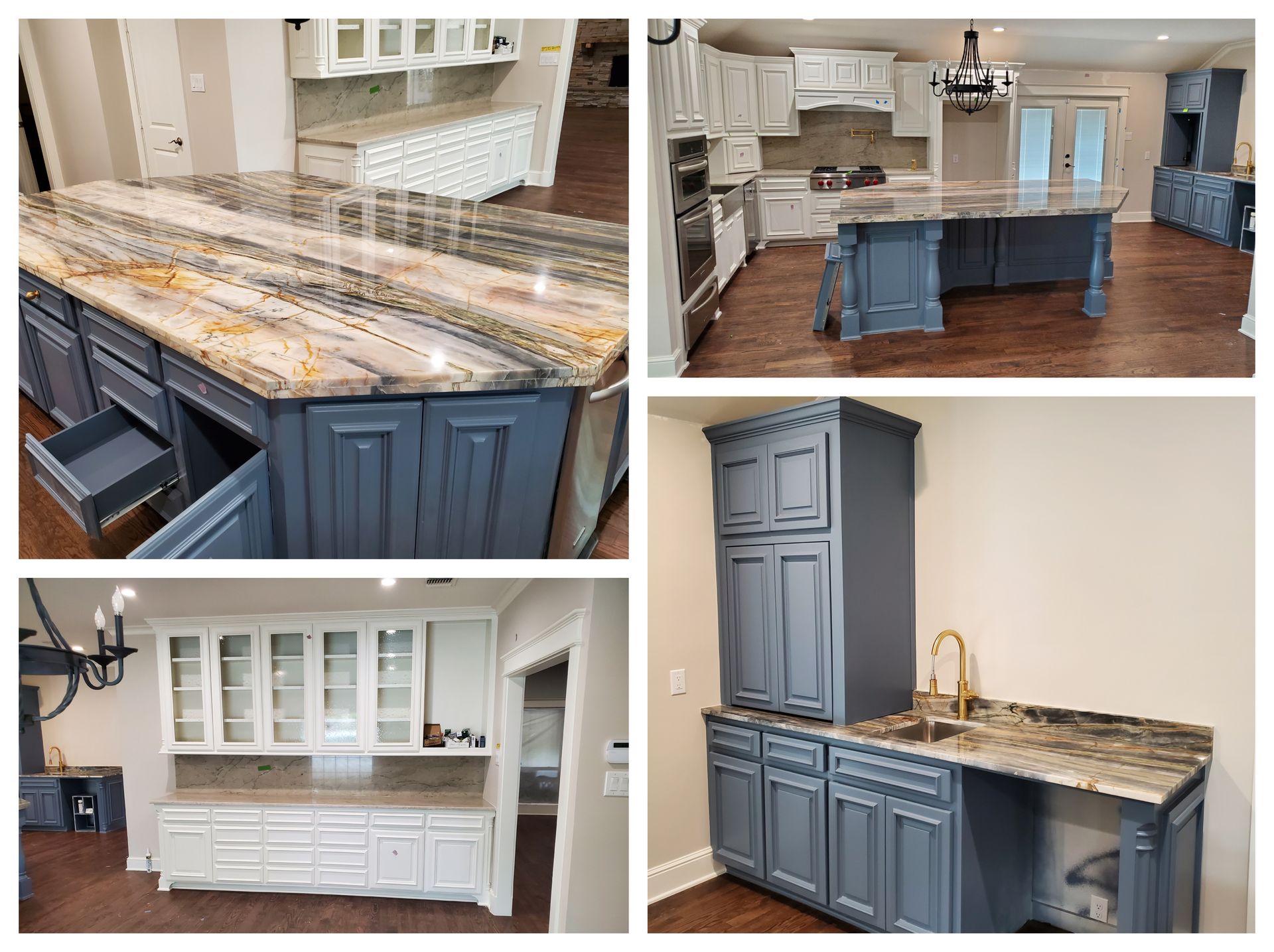 Collage of kitchen photos: Blue cabinets, marble countertops. Includes island, built-ins, and sink area.