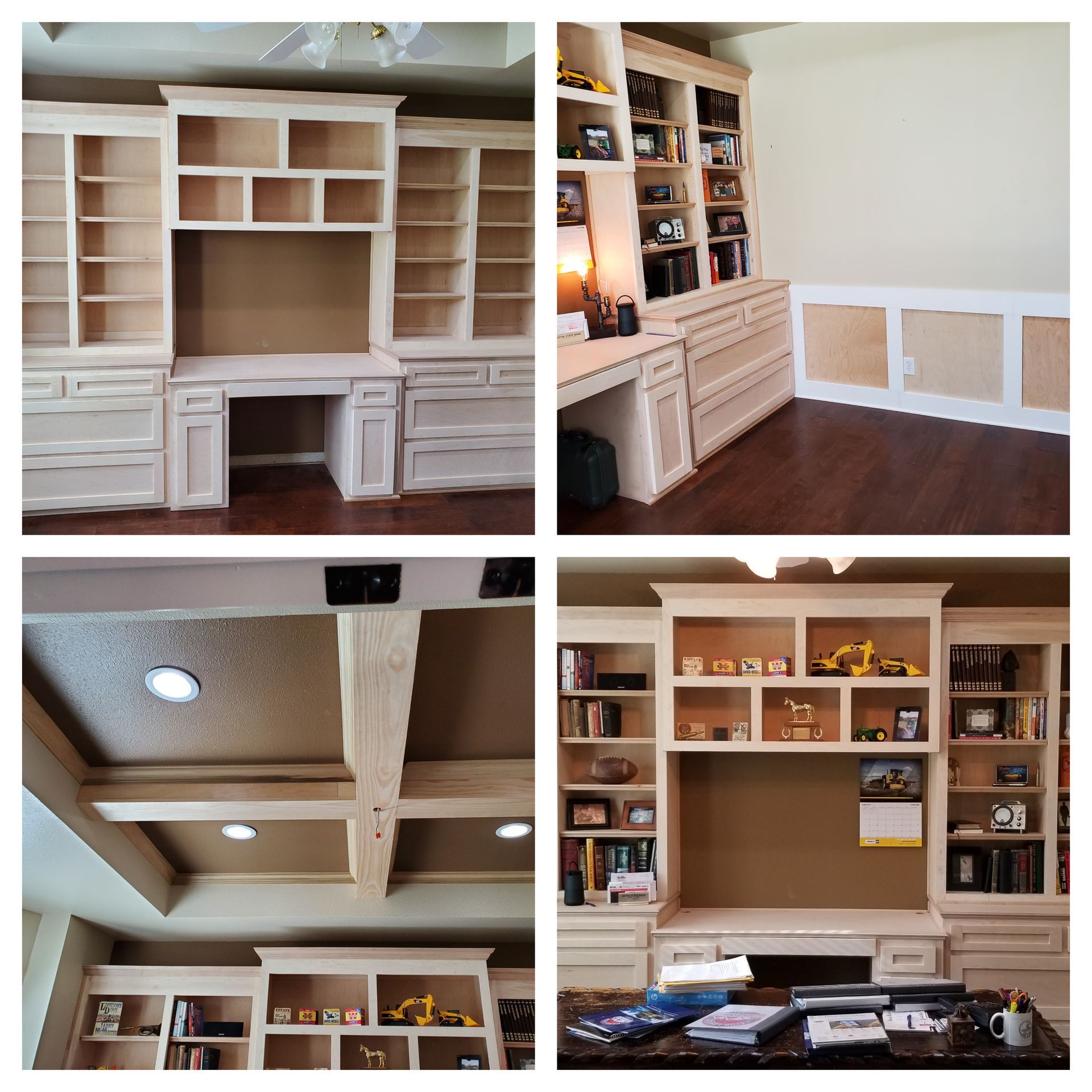 Four-panel collage: Light-wood built-in home office with desk, shelving, and trim. Construction in progress and finished.