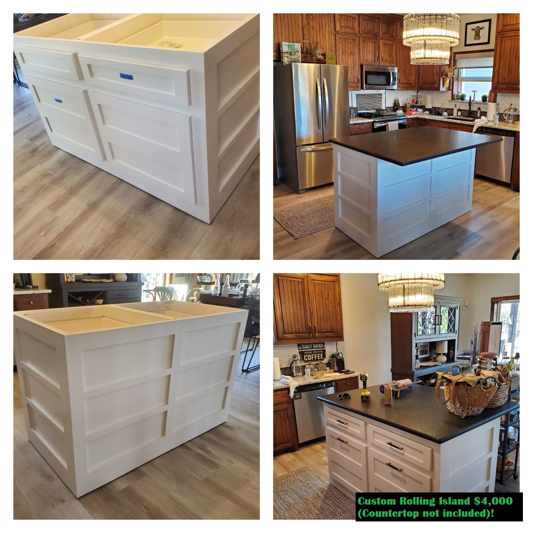 Four photos: white kitchen island construction, finished island with black countertop in a kitchen.