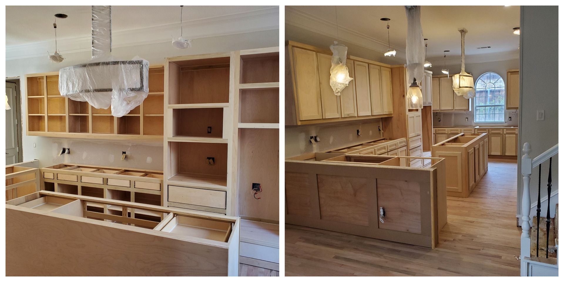 Kitchen under construction, with wooden cabinets, island, and open shelving.