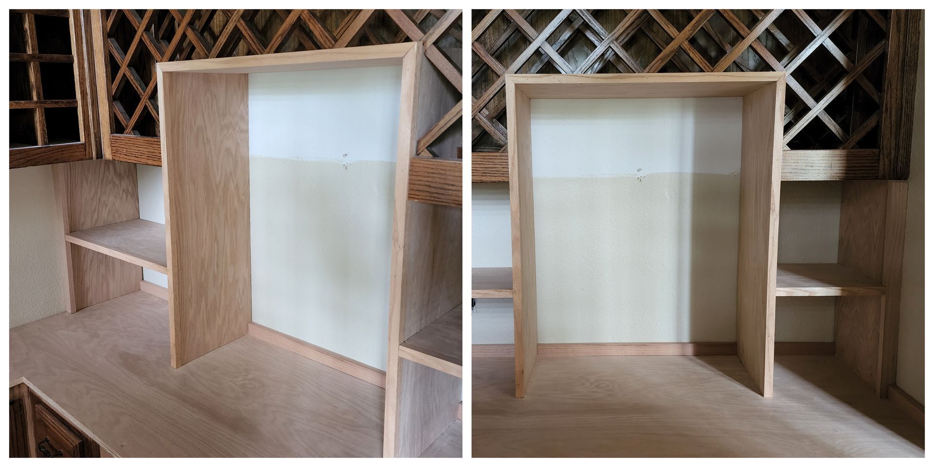 Two-part wooden cabinet frame. One door open, other side has shelving. Beige and brown tones.