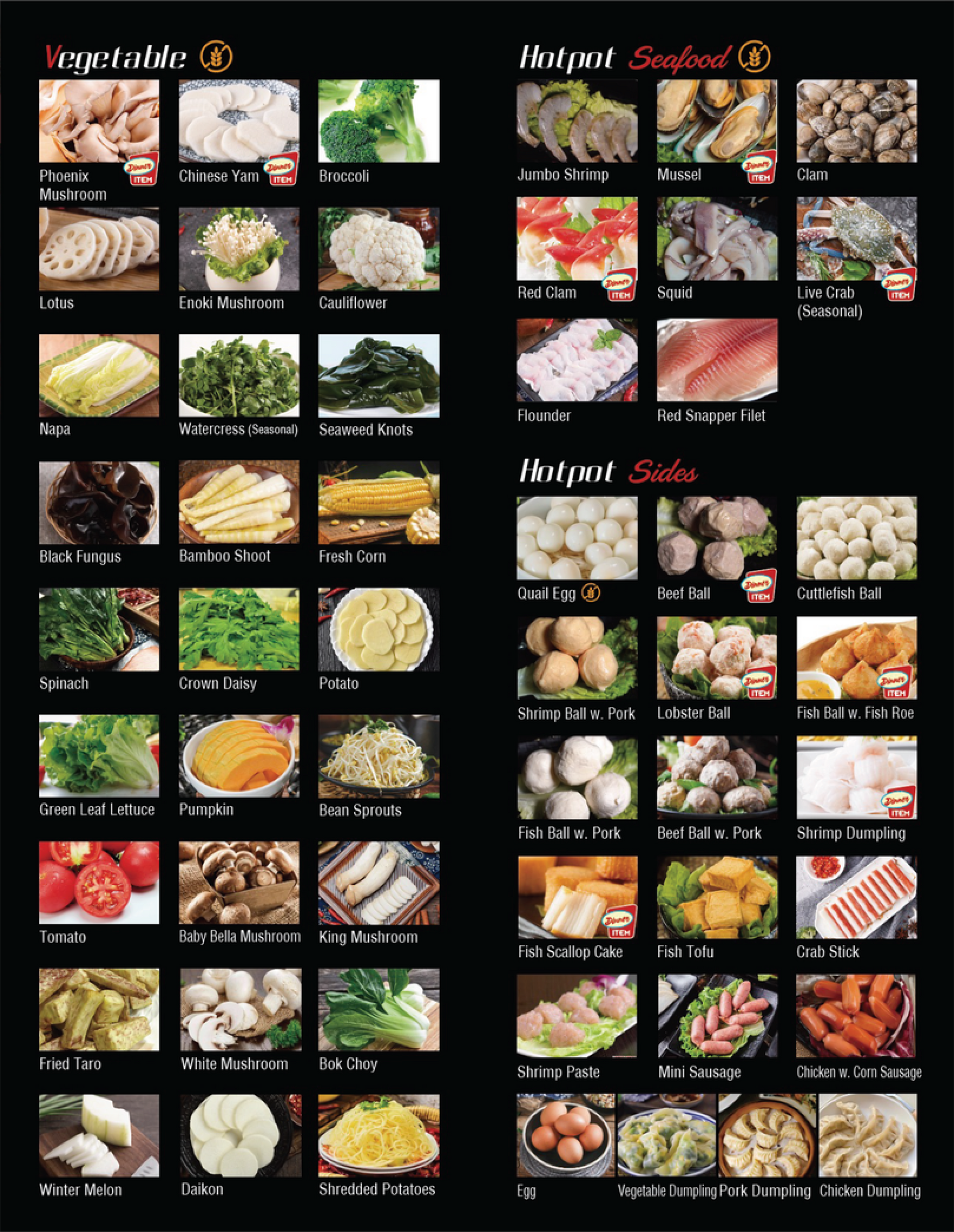 Restaurant menu collage of sushi and Japanese dishes on a black background