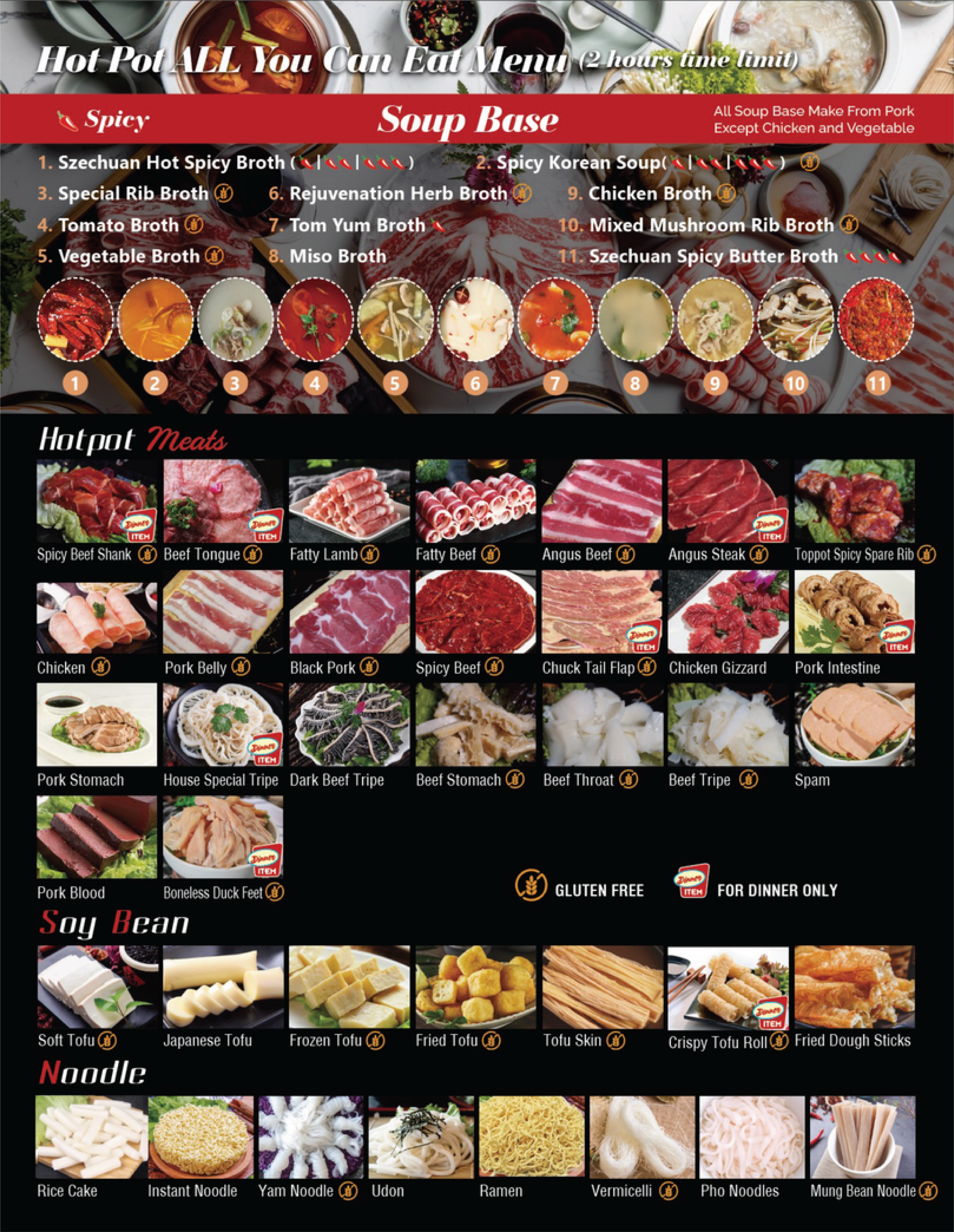 Restaurant menu collage of sushi and Japanese dishes on a black background