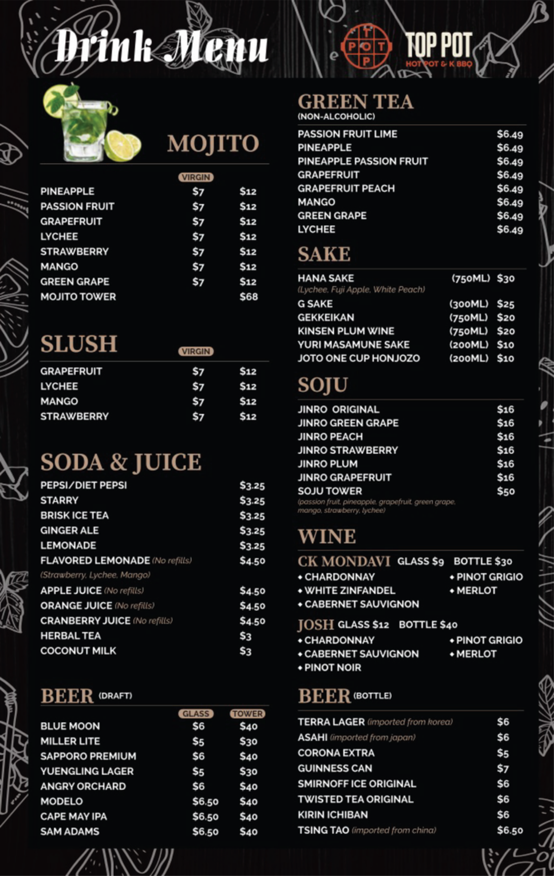 Black restaurant menu board with drink, coffee, dessert, sandwich, and spirit sections in white text