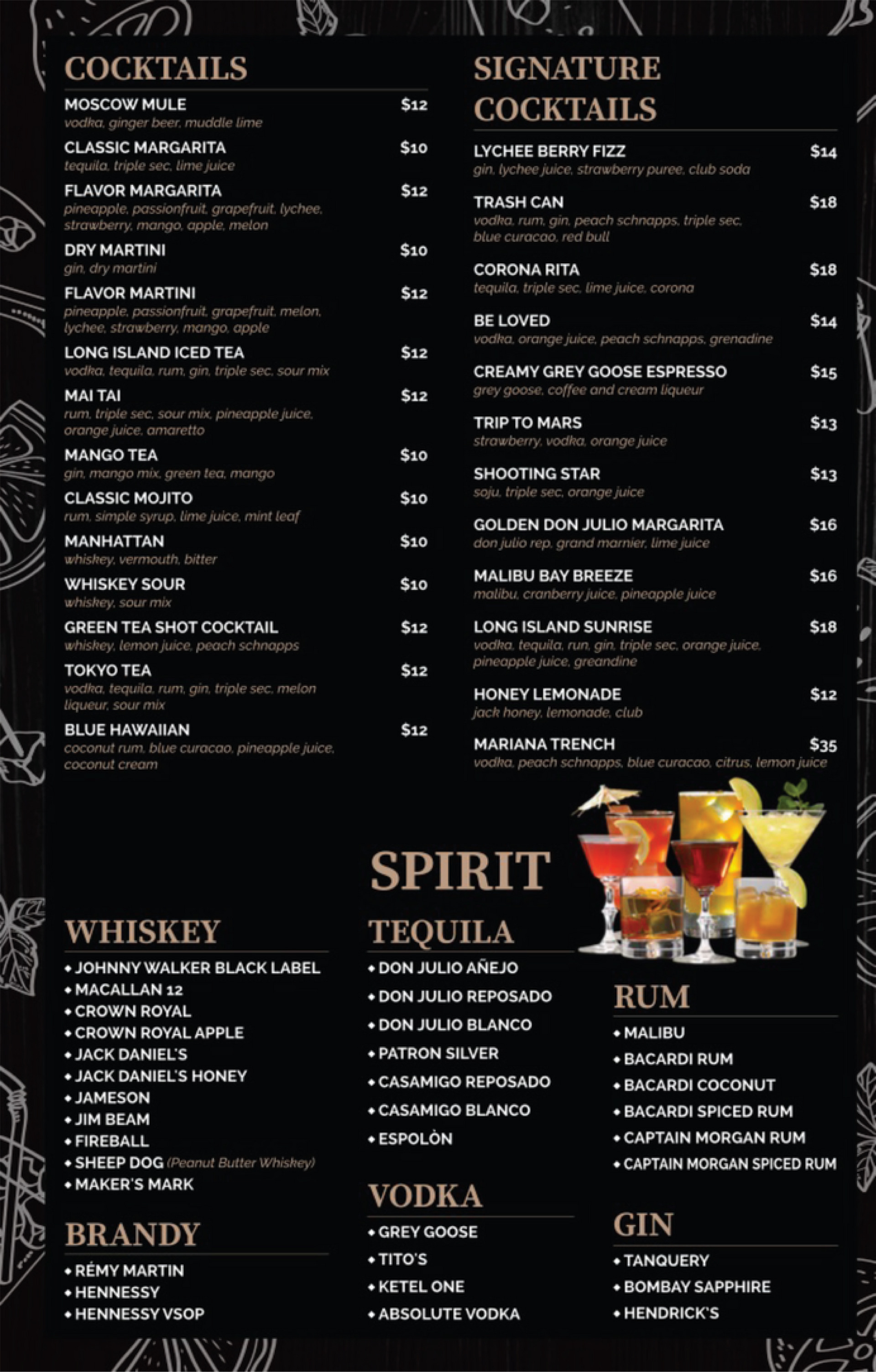 Black restaurant menu board with drink, coffee, dessert, sandwich, and spirit sections in white text