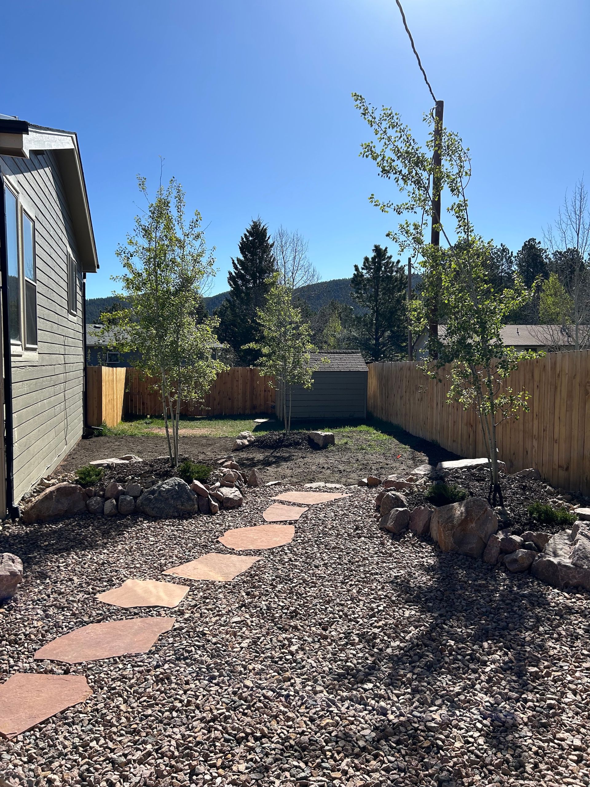 A backyard with a fence and trees and a house in the background.