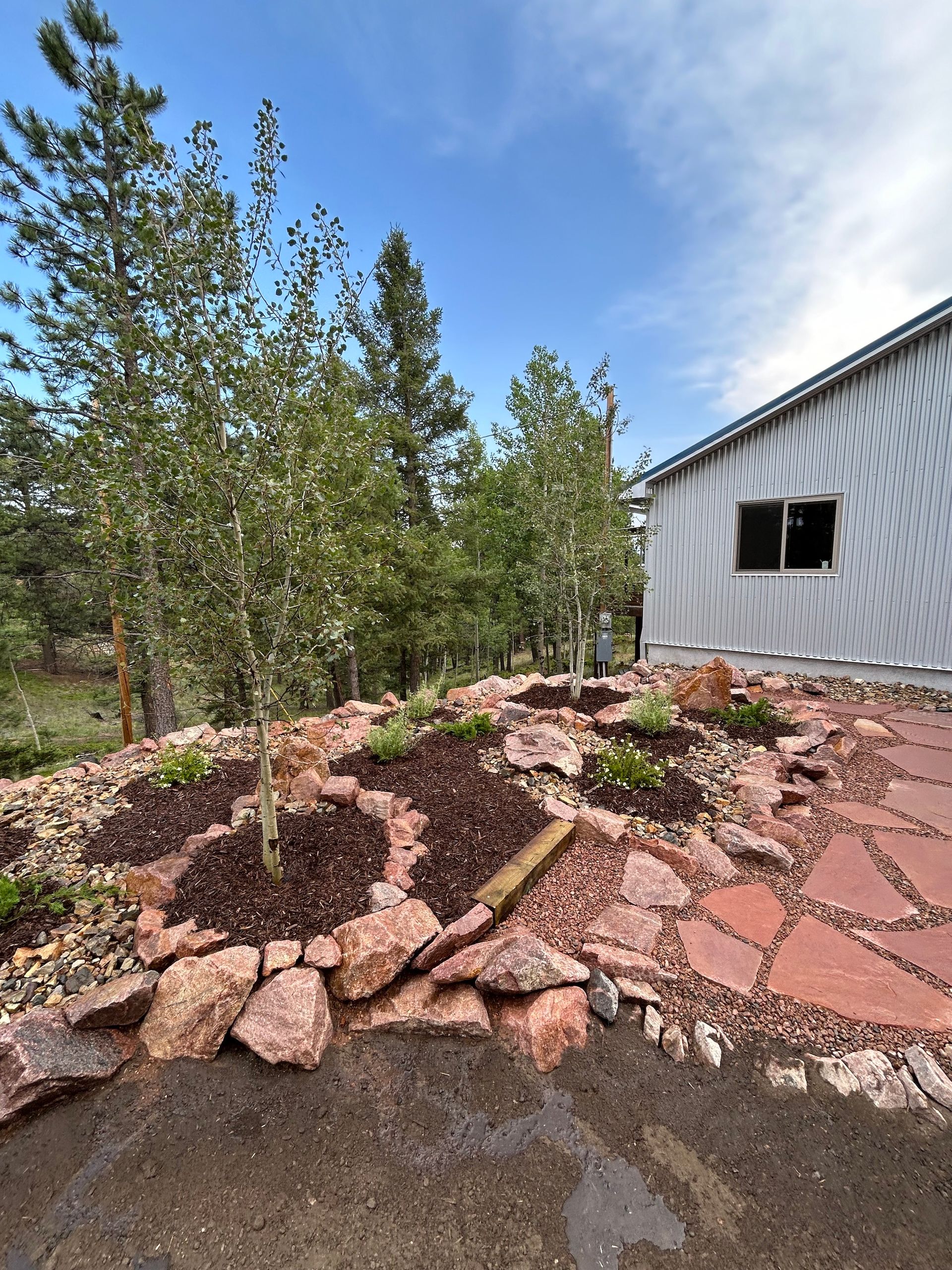 A house with a lot of rocks and trees in front of it.