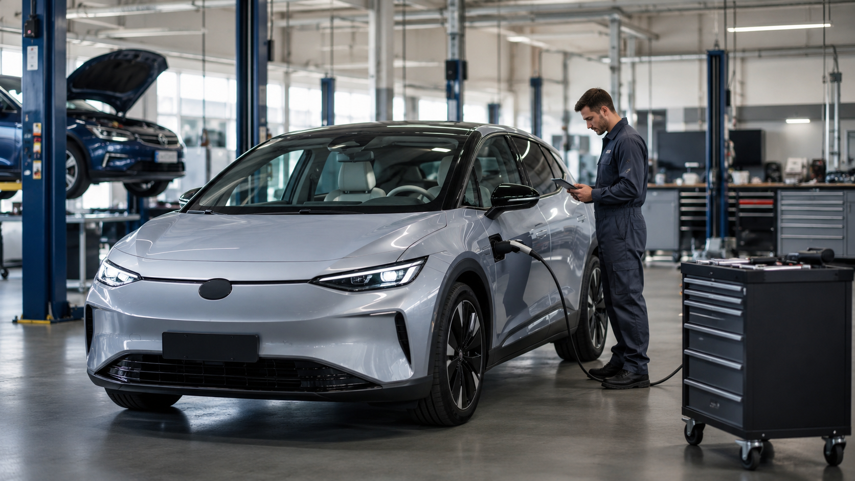 Gray electric car in a service garage, with a mechanic checking the side.