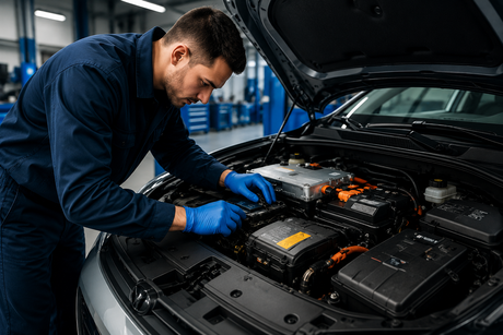 Mechanic in blue gloves inspecting a car engine under the open hood in a garage