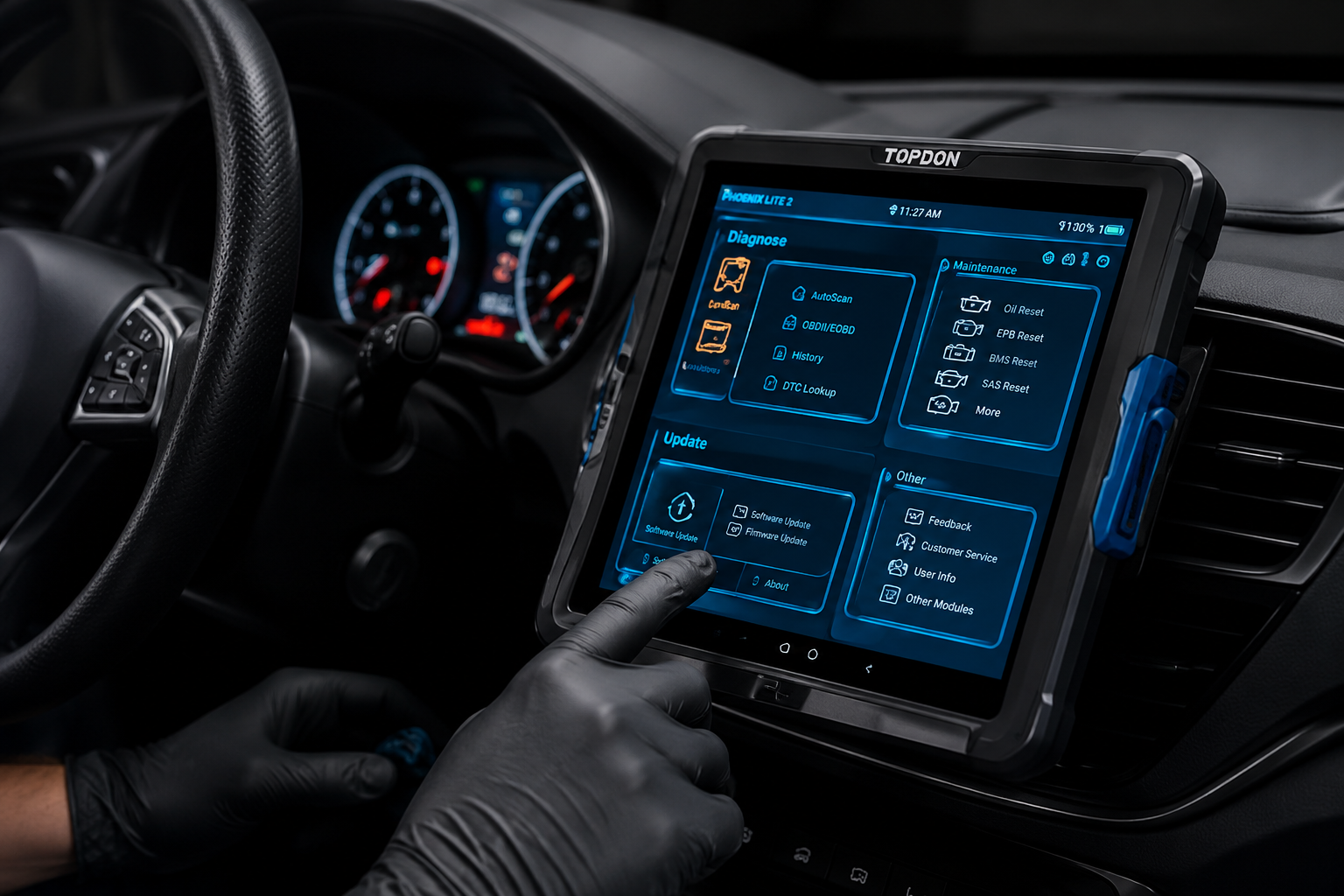 Gloved hand tapping a blue digital dashboard in a car interior