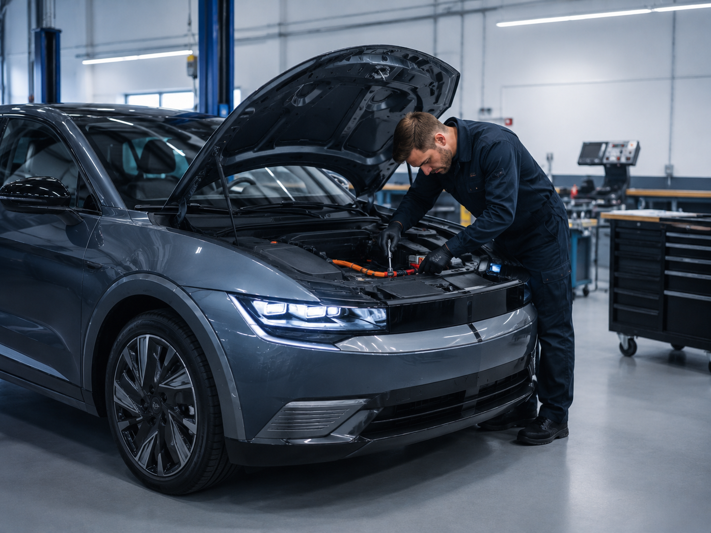 Mechanic inspecting a black SUV with the hood open in an auto repair shop