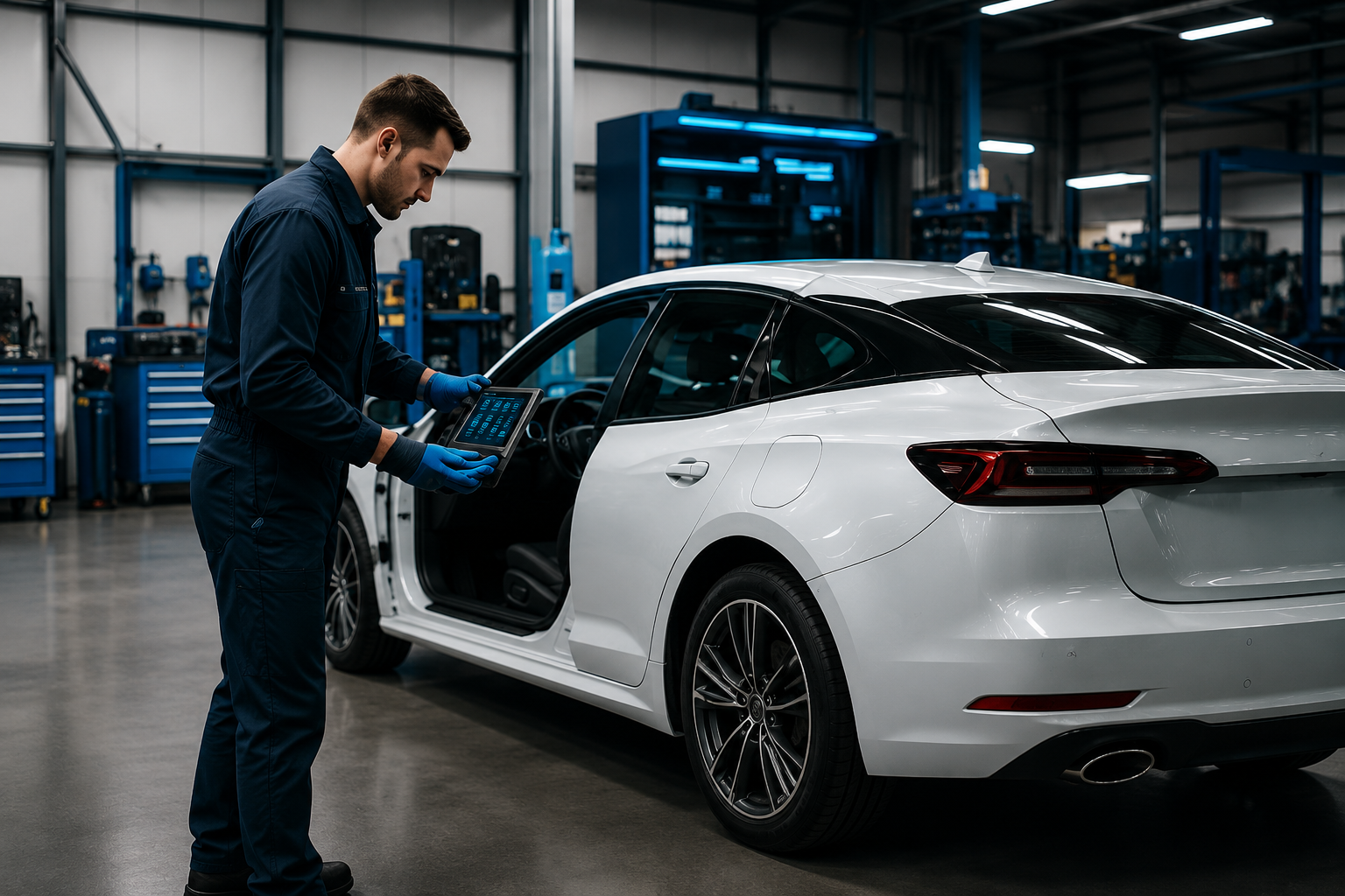 Mechanic inspecting a white sedan in an auto repair shop