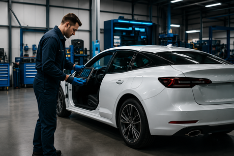 Mechanic inspecting a white sedan in an auto repair shop