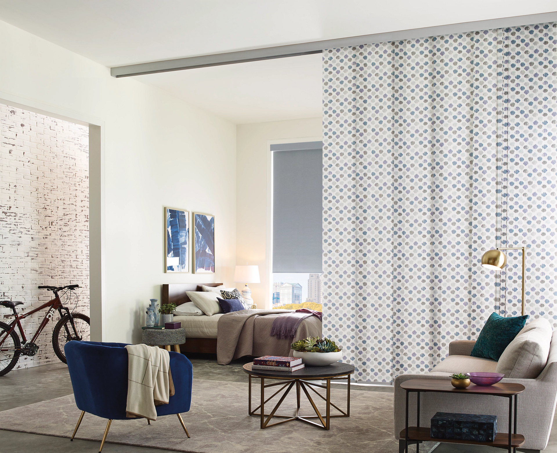Wooden blinds filtering sunlight in a room with patterned wallpaper and a decorative chair.