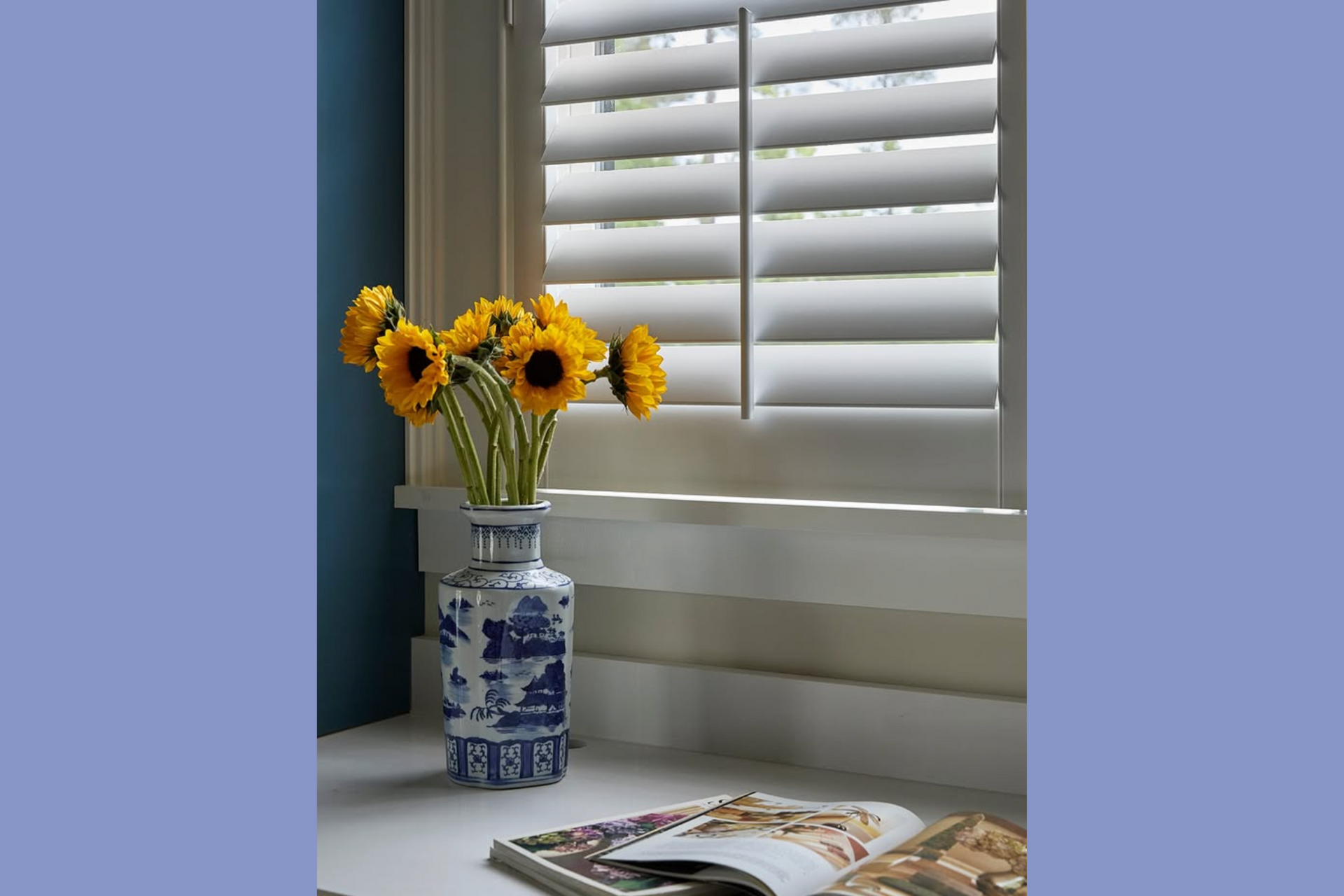 Sunflowers in blue and white vase on windowsill, open magazine, white shutters.