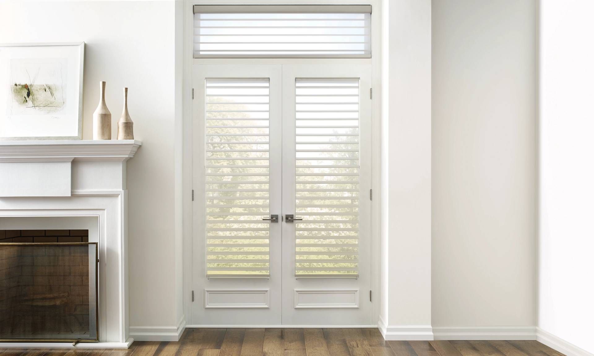 White French doors with shutters, adjacent fireplace.