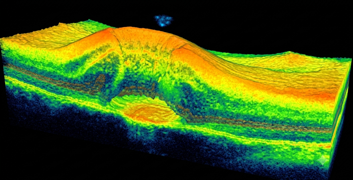 Scansione 3D a colori di un terreno stratificato con un tumulo centrale, in verde, giallo e blu su sfondo nero.