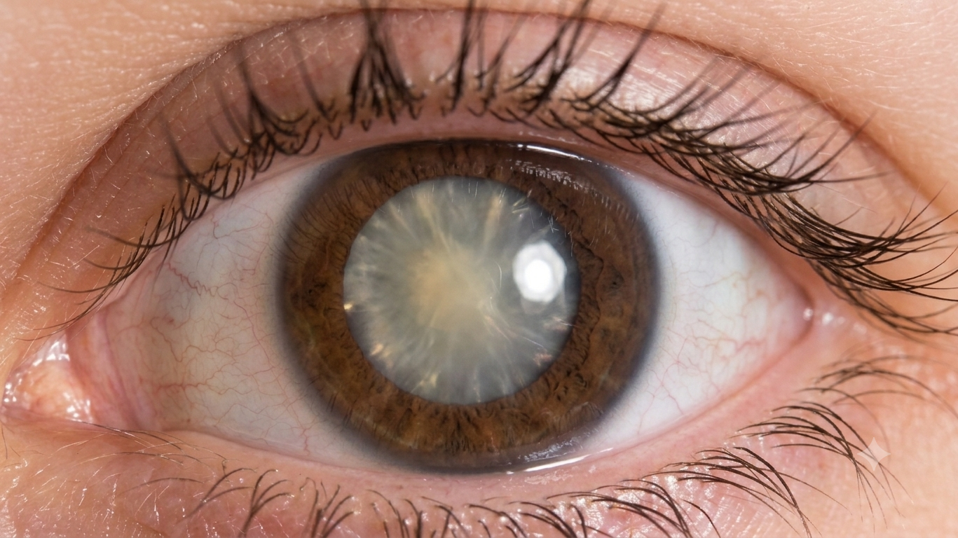 Primo piano di un occhio marrone con un riflesso di luce brillante e ciglia visibili.
