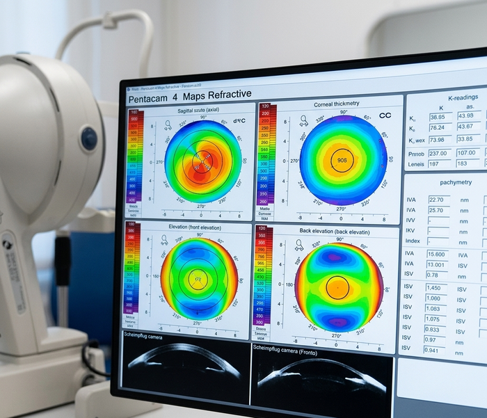 Schermata di imaging medico che mostra quattro mappe di calore colorate della scansione cerebrale accanto a uno scanner