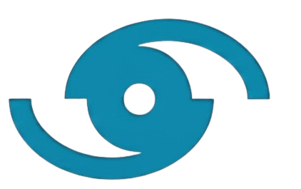 Logo astratto circolare intrecciato nei toni del verde acqua e del blu con centro bianco su sfondo bianco.