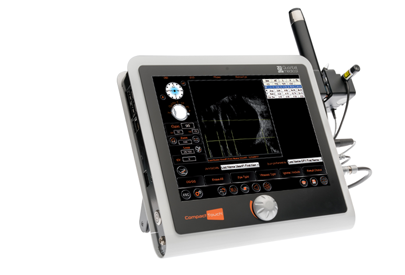 Monitor medicale con schermo scuro, cornice grigia e stilo a sonda integrato su supporto.