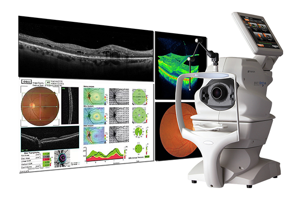 Scanner per immagini medicali con pannelli di visualizzazione che mostrano i risultati e i grafici della scansione oculare.