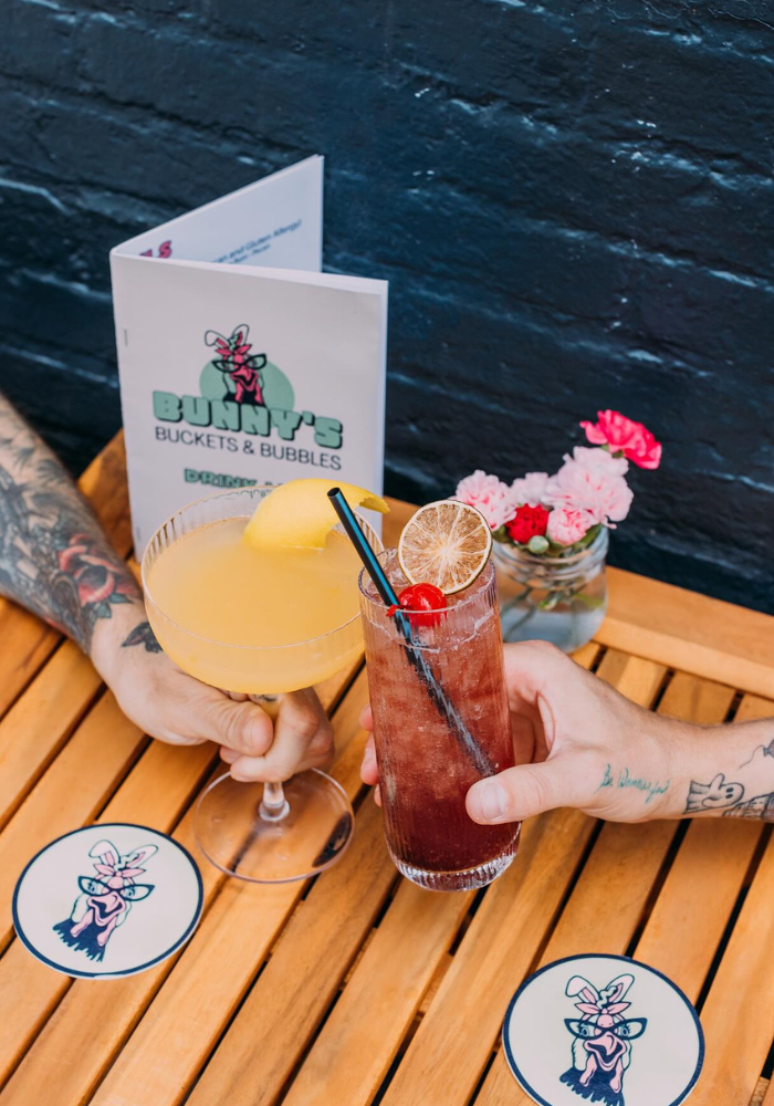 bunny's buckets and bubbles customers with drinks