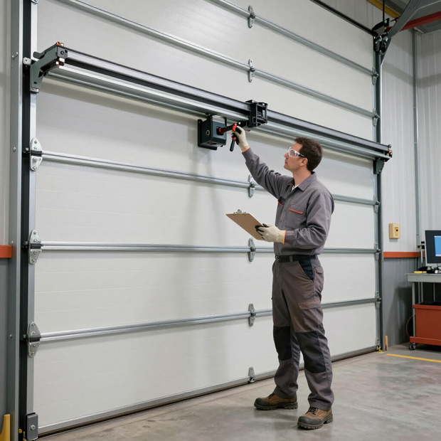 Technician inspecting a large industrial garage door with a clipboard in a workshop.