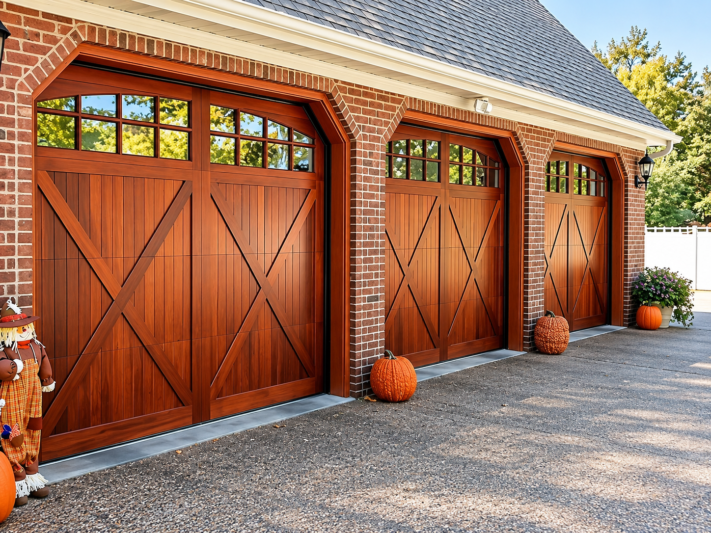 Three wooden garage doors on a brick house, decorated with pumpkins and autumn accents.