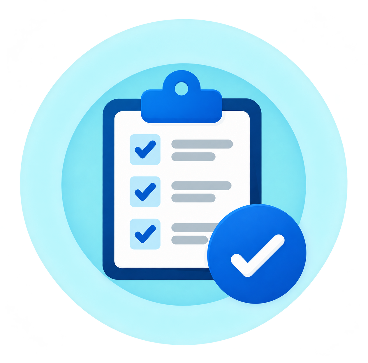 Blue clipboard checklist icon with checkmarks and a check badge on a light blue background