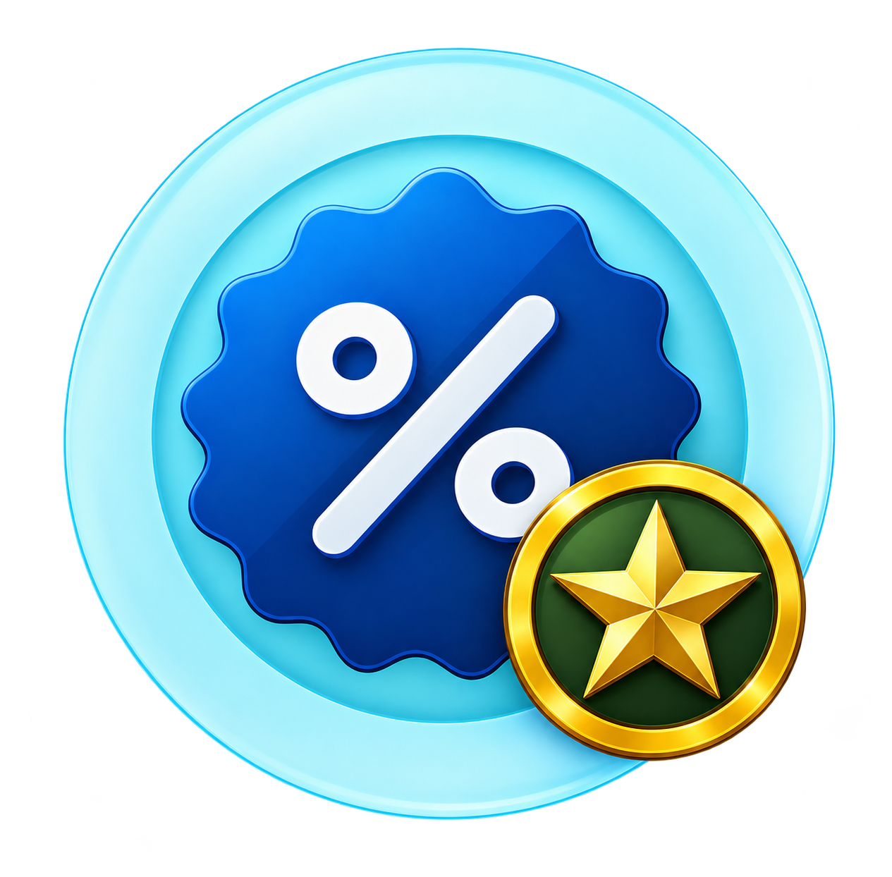 Blue discount badge with a white percent sign and a small gold star coin