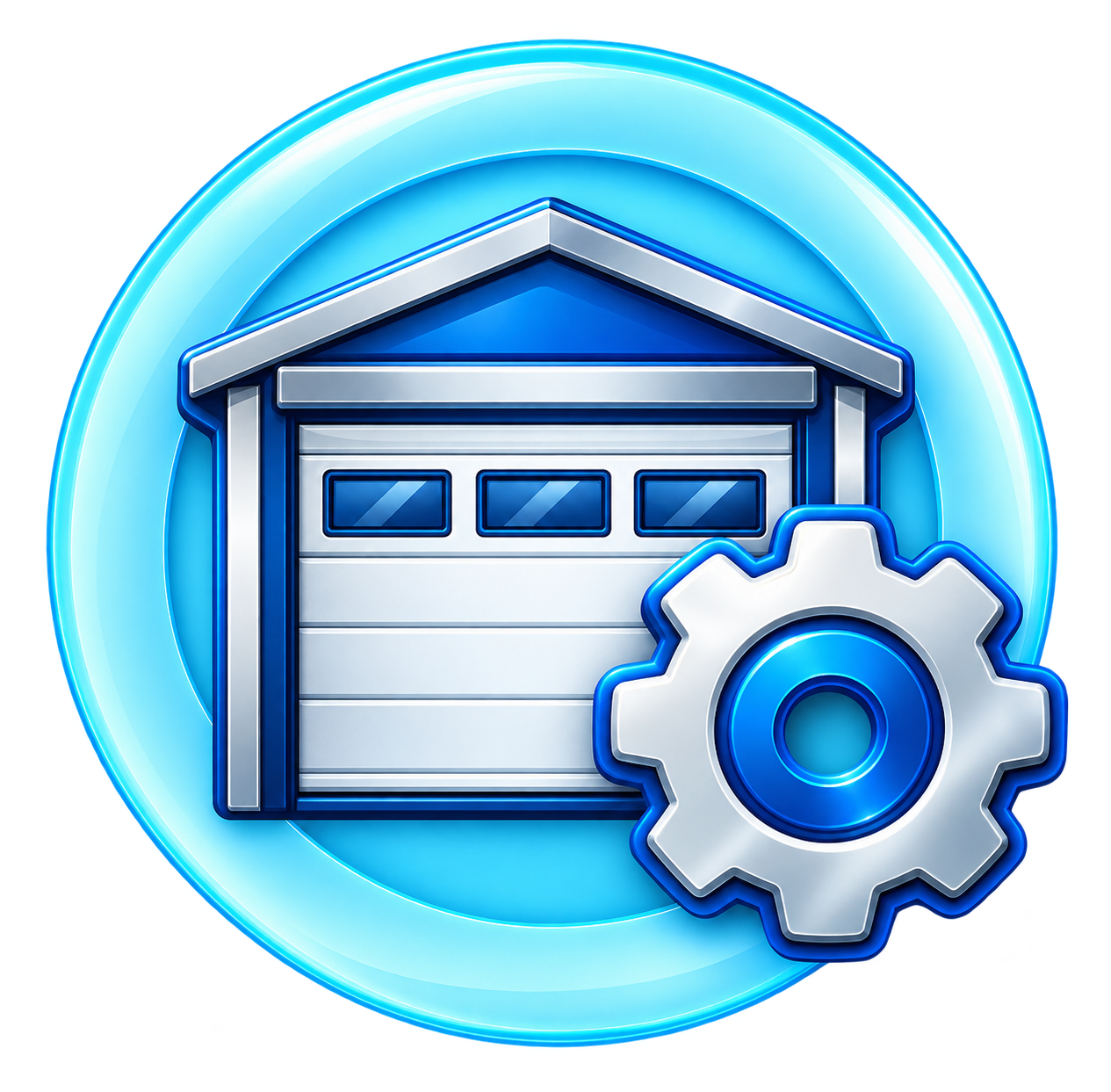 Blue garage icon with a gear overlay, suggesting settings or maintenance