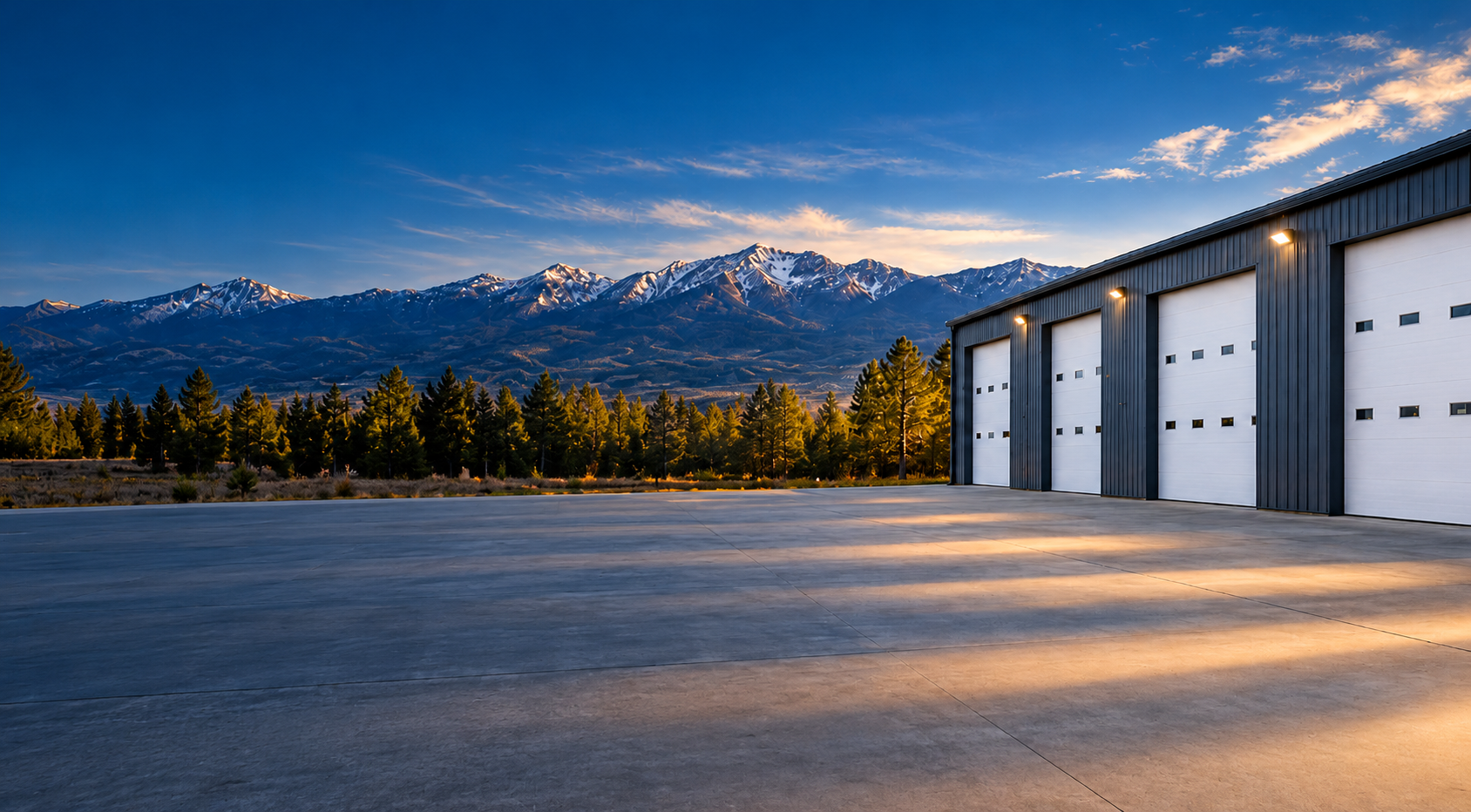 Empty industrial lot with garage doors beside snow-capped mountains at sunset