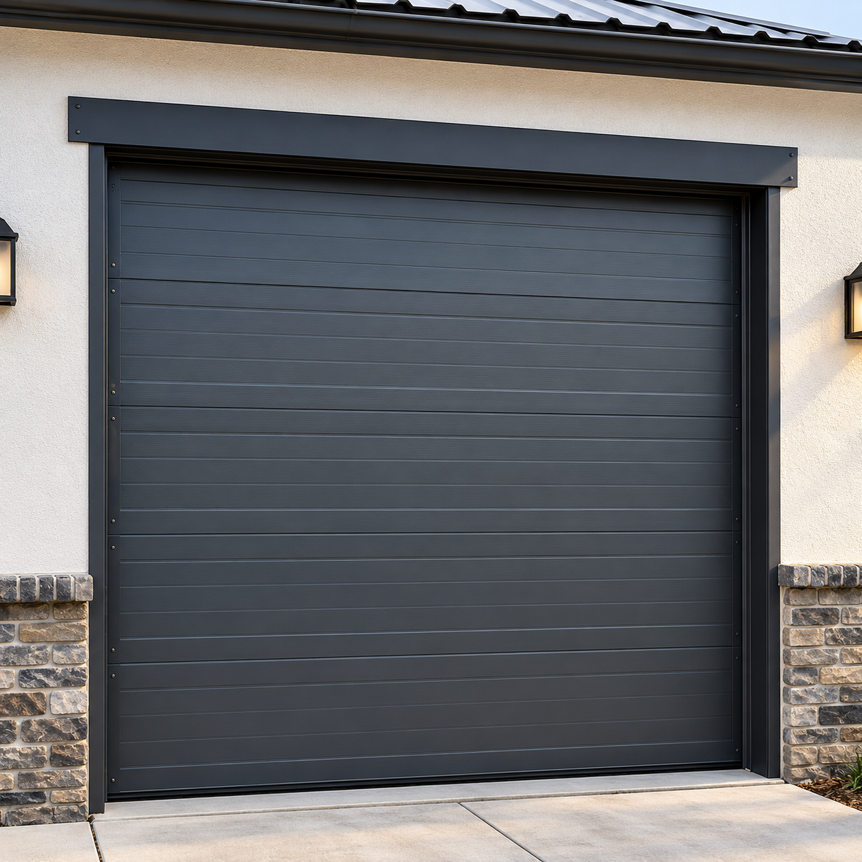 Closed dark gray garage door on a house exterior with stone accents