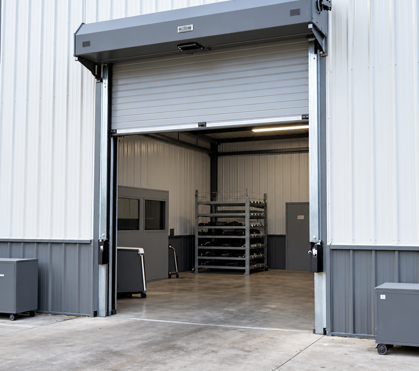 Open industrial garage door revealing a warehouse interior with shelving and concrete floor