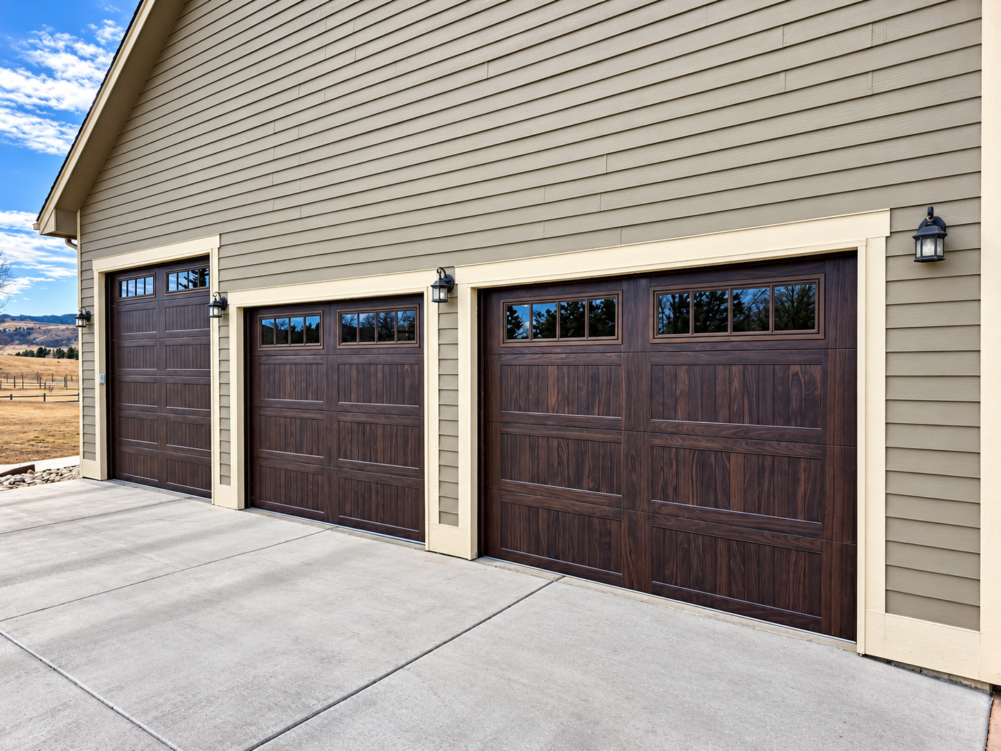 Three dark brown garage doors on a beige house exterior with a concrete driveway