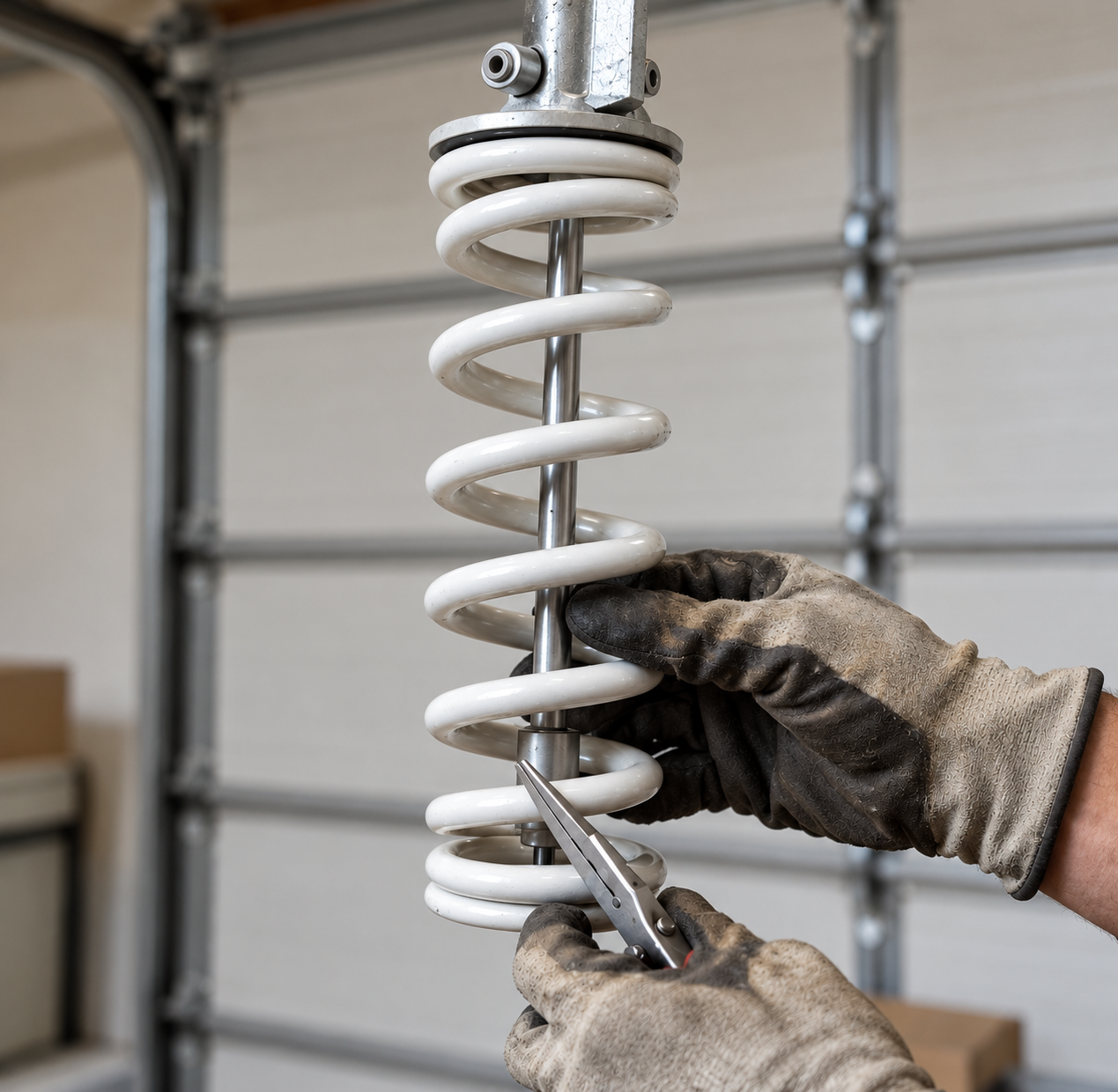 Gloved hands adjusting a white coil spring on a metal strut in a garage workshop